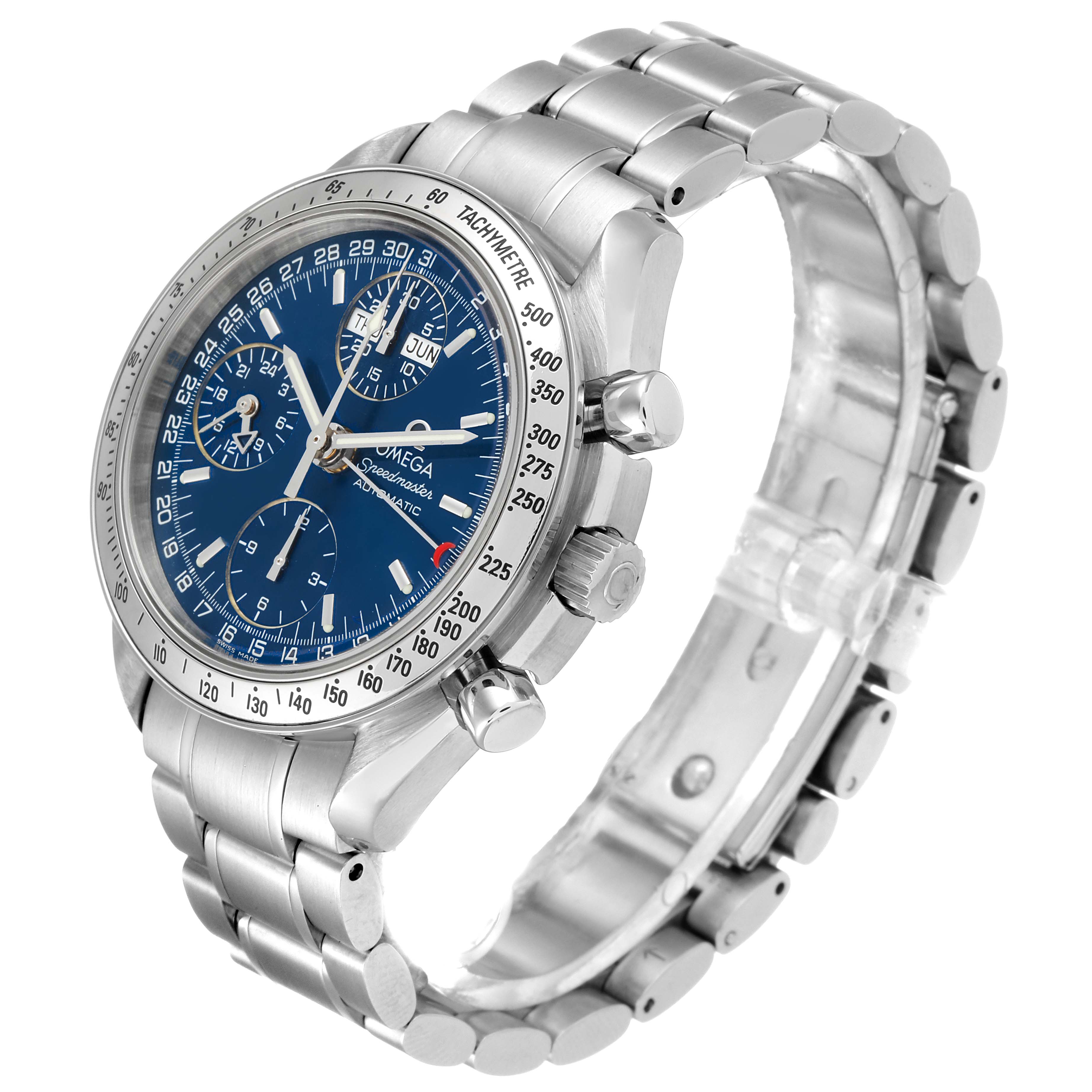 The image shows an Omega Speedmaster 3523.80.00 Men's Stainless Steel Blue Dial 3523.80.00 Men's Stainless Steel Blue Dial watch at a three-quarter angle, highlighting its blue dial, chronograph sub-dials, tachymeter bezel, and metal bracelet.