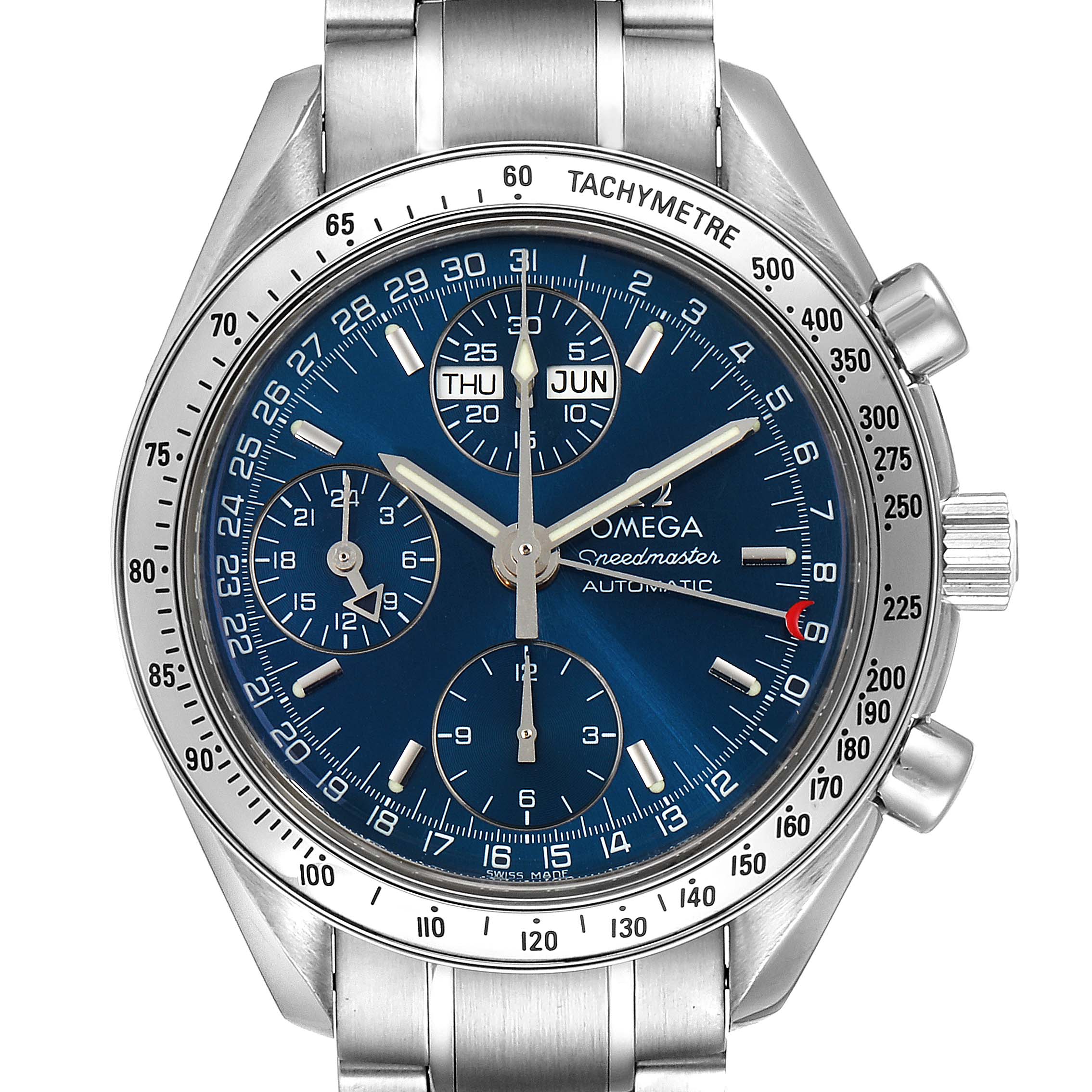 The image shows a front view of an Omega Speedmaster 3523.80.00 Men's Stainless Steel Blue Dial 3523.80.00 Men's Stainless Steel Blue Dial watch, displaying the dial, tachymeter, and stainless steel bracelet.