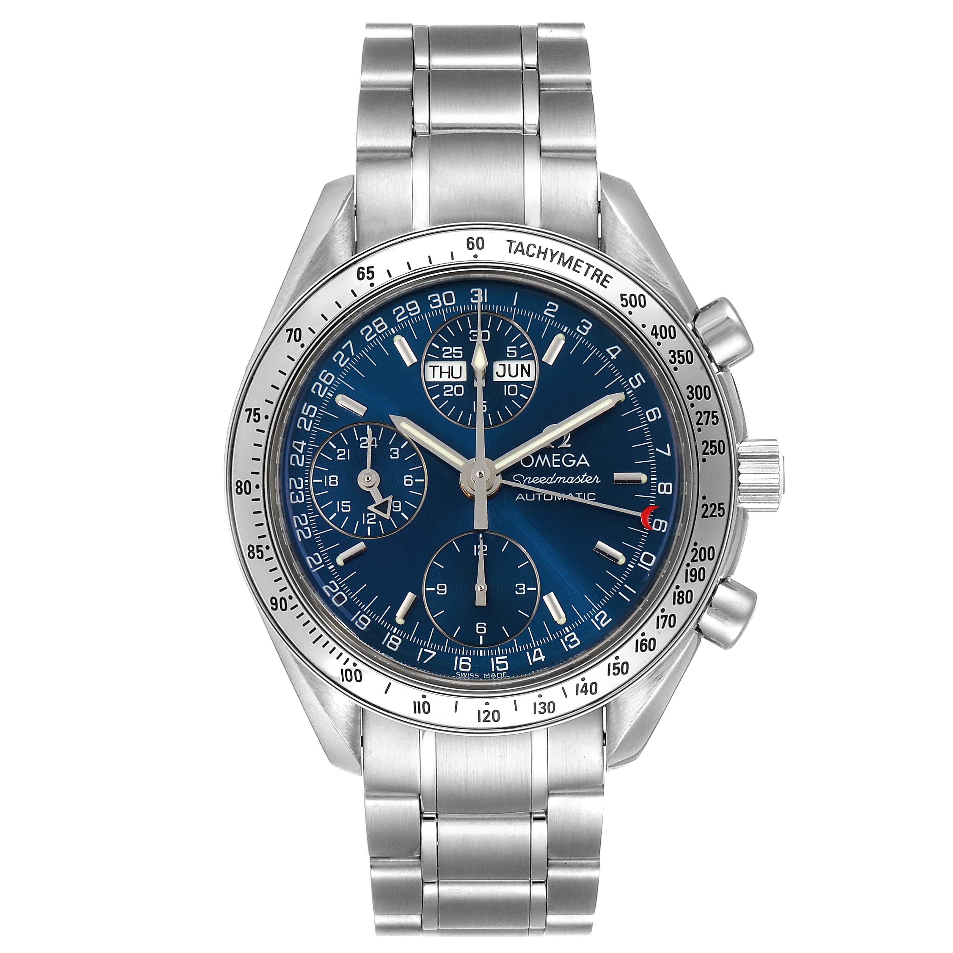The Omega Speedmaster 3523.80.00 Men's Stainless Steel Blue Dial 3523.80.00 Men's Stainless Steel Blue Dial watch is shown from the front, displaying the face, bezel, and stainless steel bracelet.
