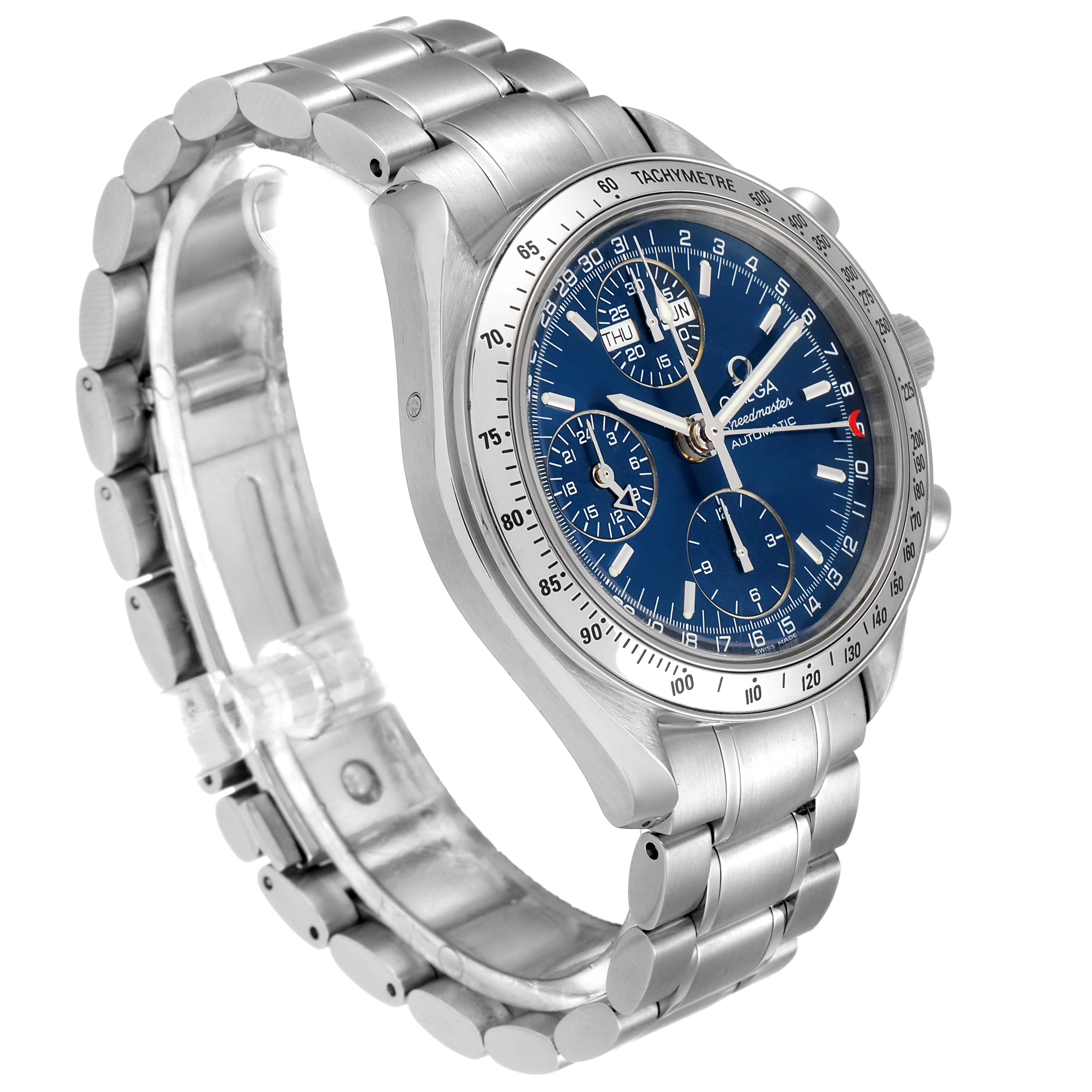 An Omega Speedmaster 3523.80.00 Men's Stainless Steel Blue Dial 3523.80.00 Men's Stainless Steel Blue Dial watch is shown at an oblique angle, detailing its stainless steel bracelet, tachymeter bezel, and blue dial with subdials.