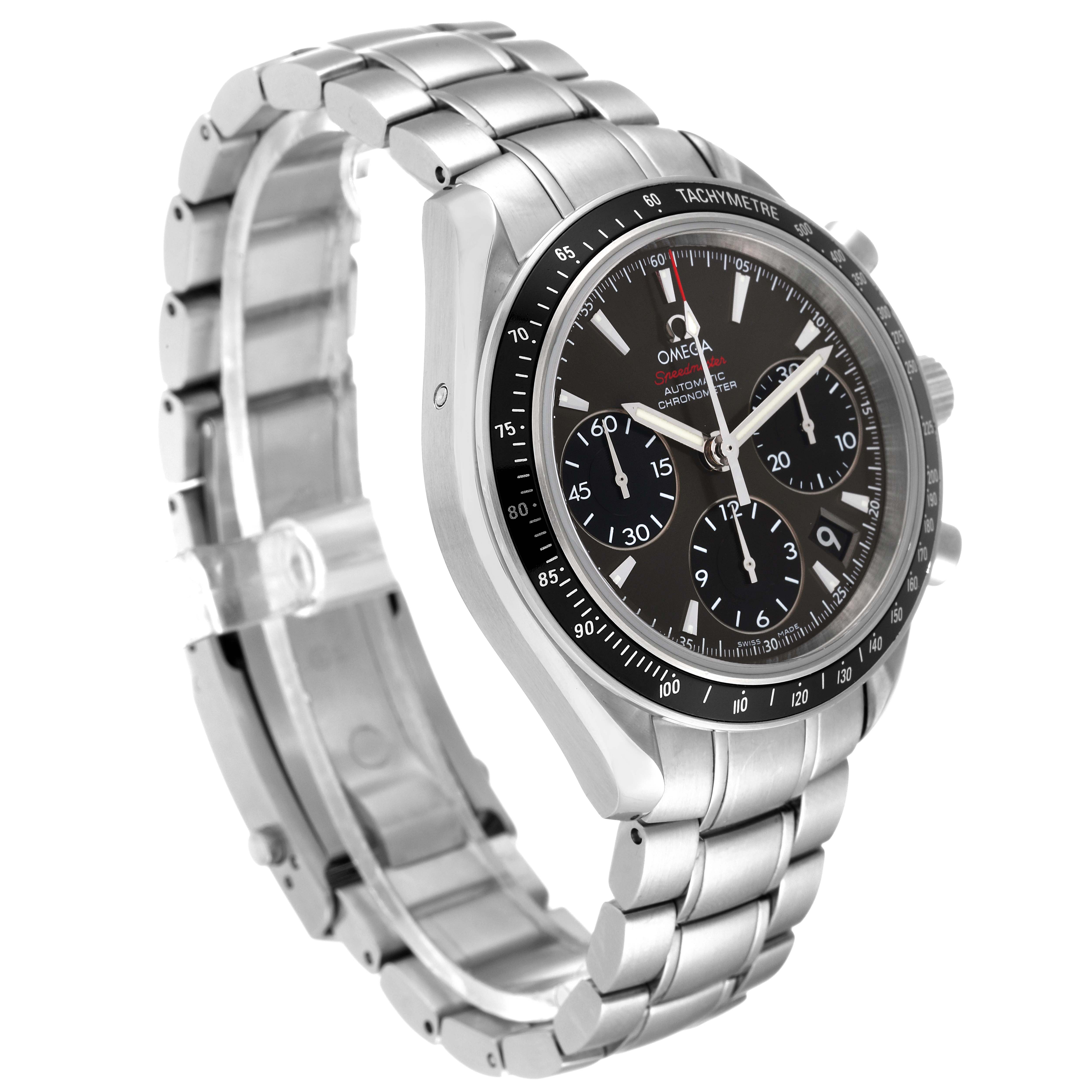 The image shows a side angle of the Omega Speedmaster 323.30.40.40.06.001 Men's Stainless Steel Grey Dial 323.30.40.40.06.001 Men's Stainless Steel Grey Dial watch, highlighting its stainless steel bracelet and chronograph dial.