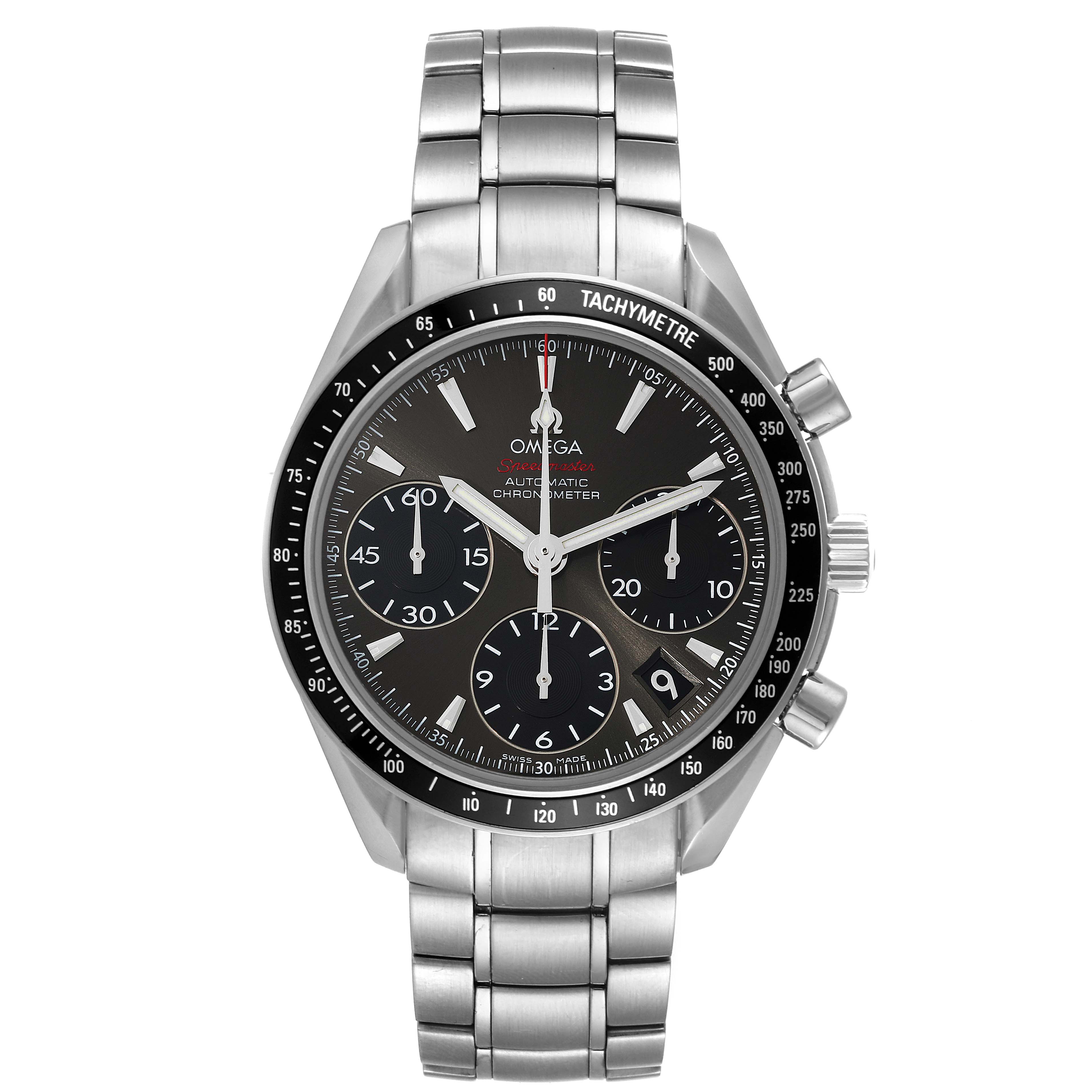 This is a front view of the Omega Speedmaster 323.30.40.40.06.001 Men's Stainless Steel Grey Dial 323.30.40.40.06.001 Men's Stainless Steel Grey Dial watch showing its dial, subdials, bezel, and stainless steel bracelet.