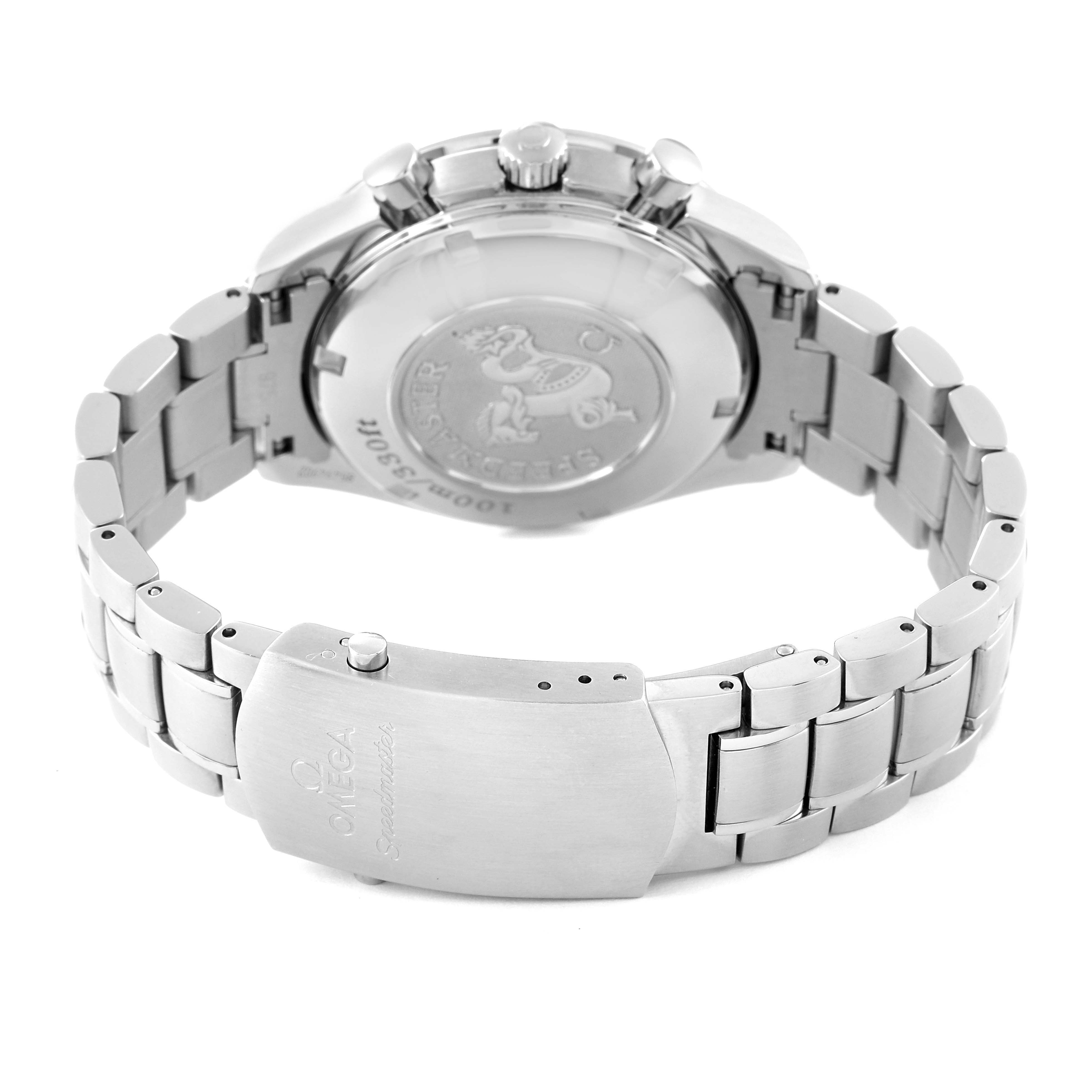 This image shows the back case and bracelet clasp of the Omega Speedmaster 323.30.40.40.06.001 Men's Stainless Steel Grey Dial 323.30.40.40.06.001 Men's Stainless Steel Grey Dial watch in a partially open position.