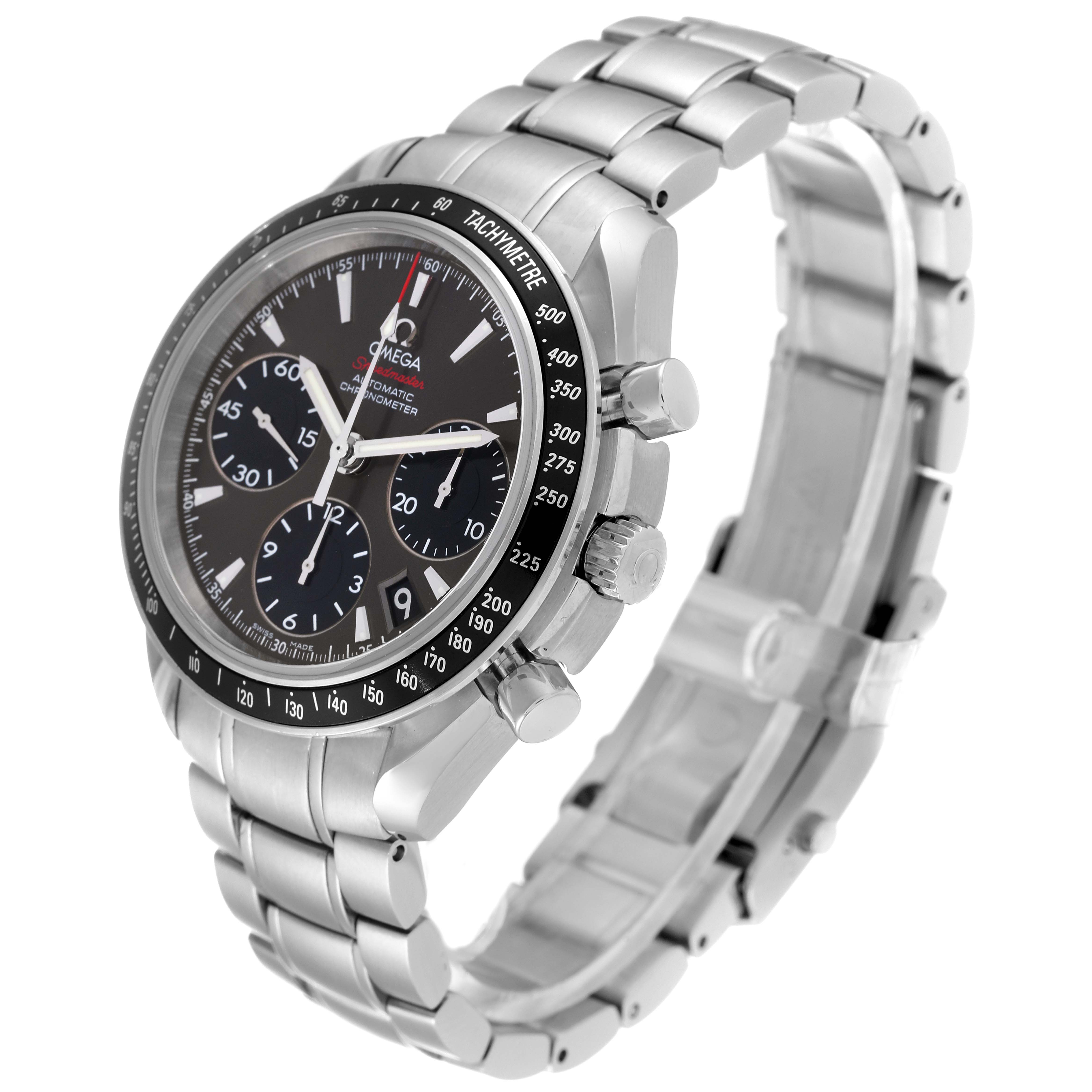 The image shows an angled side view of an Omega Speedmaster 323.30.40.40.06.001 Men's Stainless Steel Grey Dial 323.30.40.40.06.001 Men's Stainless Steel Grey Dial watch displaying its dial, bezel, and stainless steel bracelet.