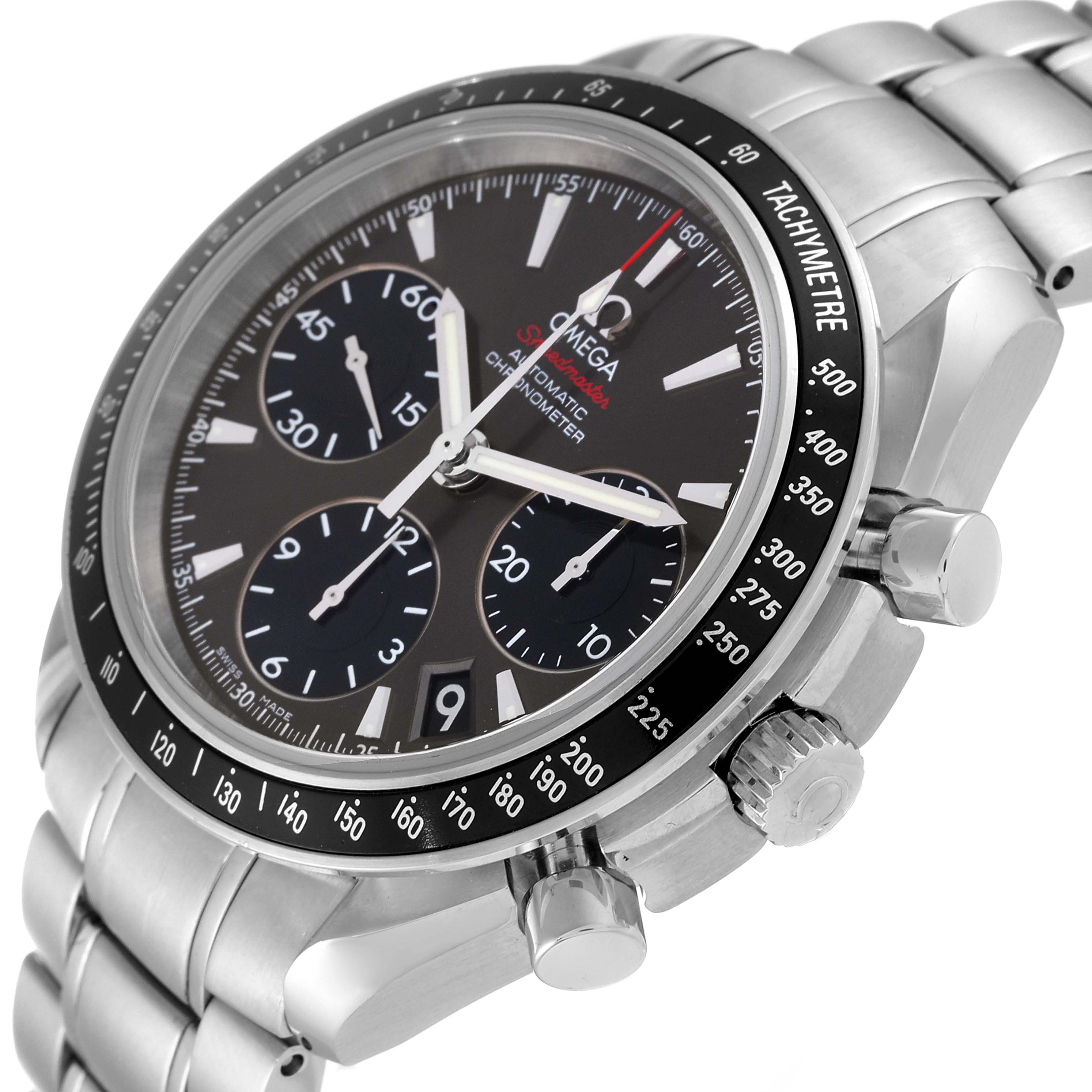 The Omega Speedmaster 323.30.40.40.06.001 Men's Stainless Steel Grey Dial 323.30.40.40.06.001 Men's Stainless Steel Grey Dial watch is shown at a three-quarter angle, highlighting the dial, bezel, and bracelet.