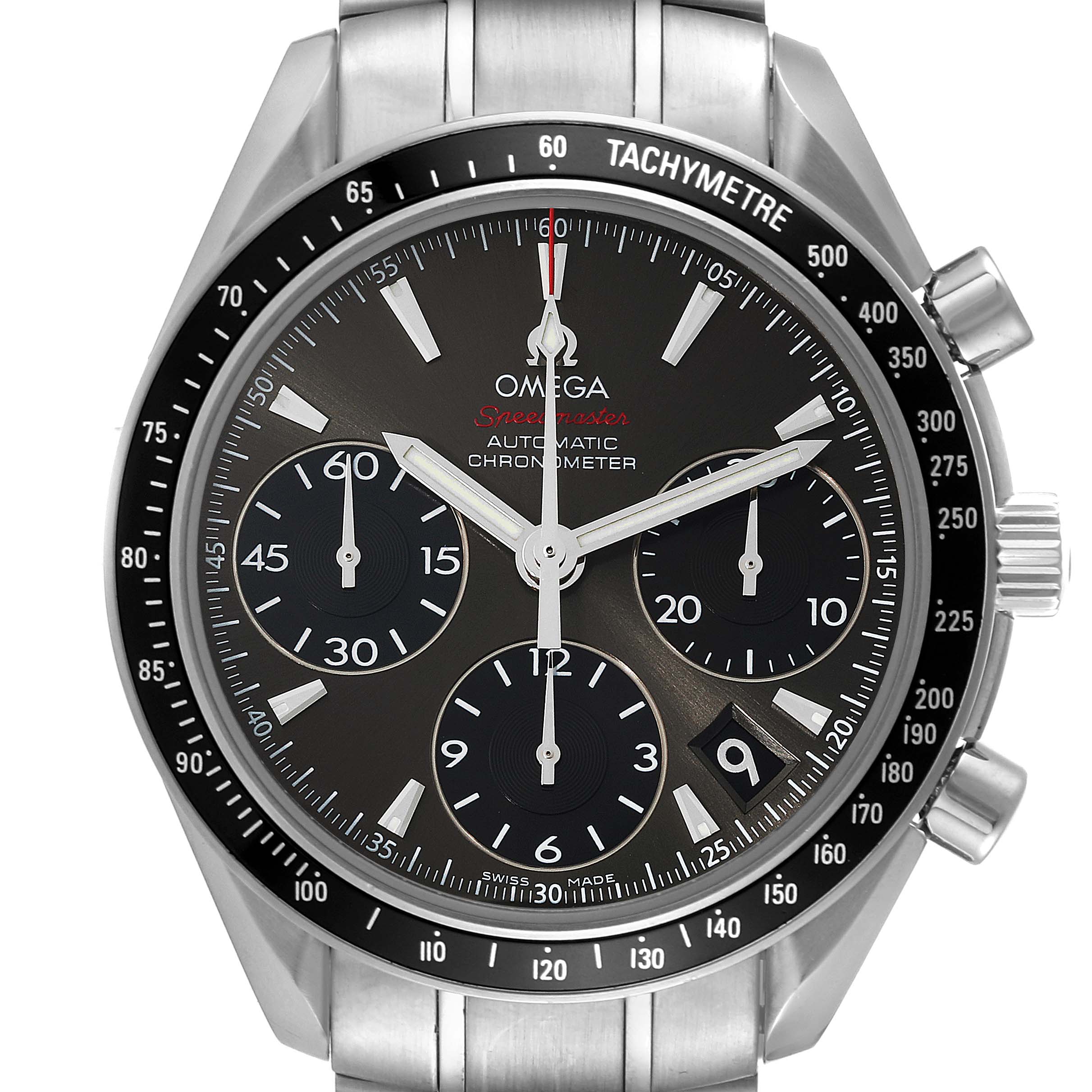 This Omega Speedmaster 323.30.40.40.06.001 Men's Stainless Steel Grey Dial 323.30.40.40.06.001 Men's Stainless Steel Grey Dial watch is shown from the front, displaying its dial, chronograph sub-dials, and tachymeter bezel.