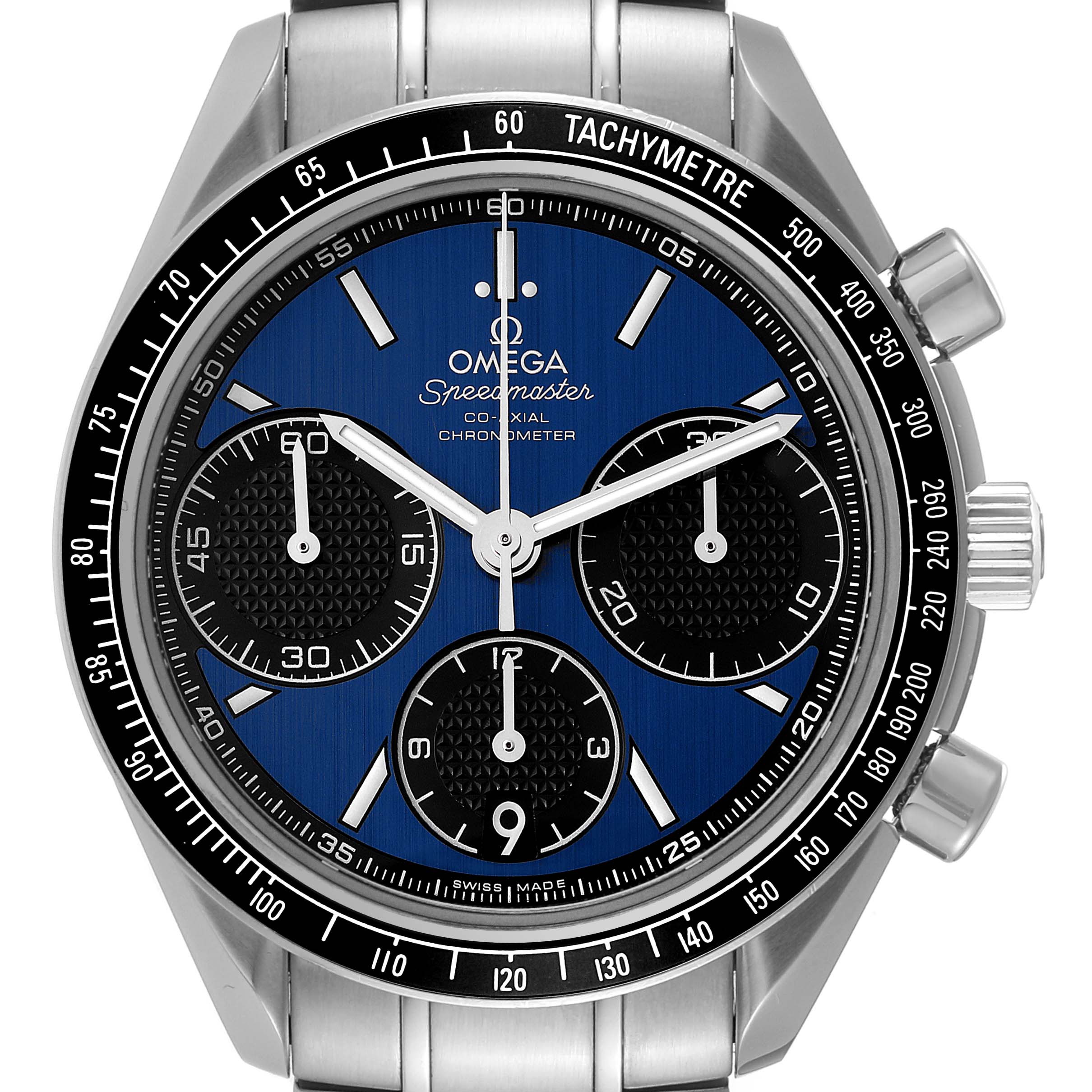The image shows a front view of an Omega Speedmaster 326.30.40.50.03.001 Men's Stainless Steel Blue Dial 326.30.40.50.03.001 Men's Stainless Steel Blue Dial watch, highlighting the blue dial, chronograph subdials, and tachymeter bezel.