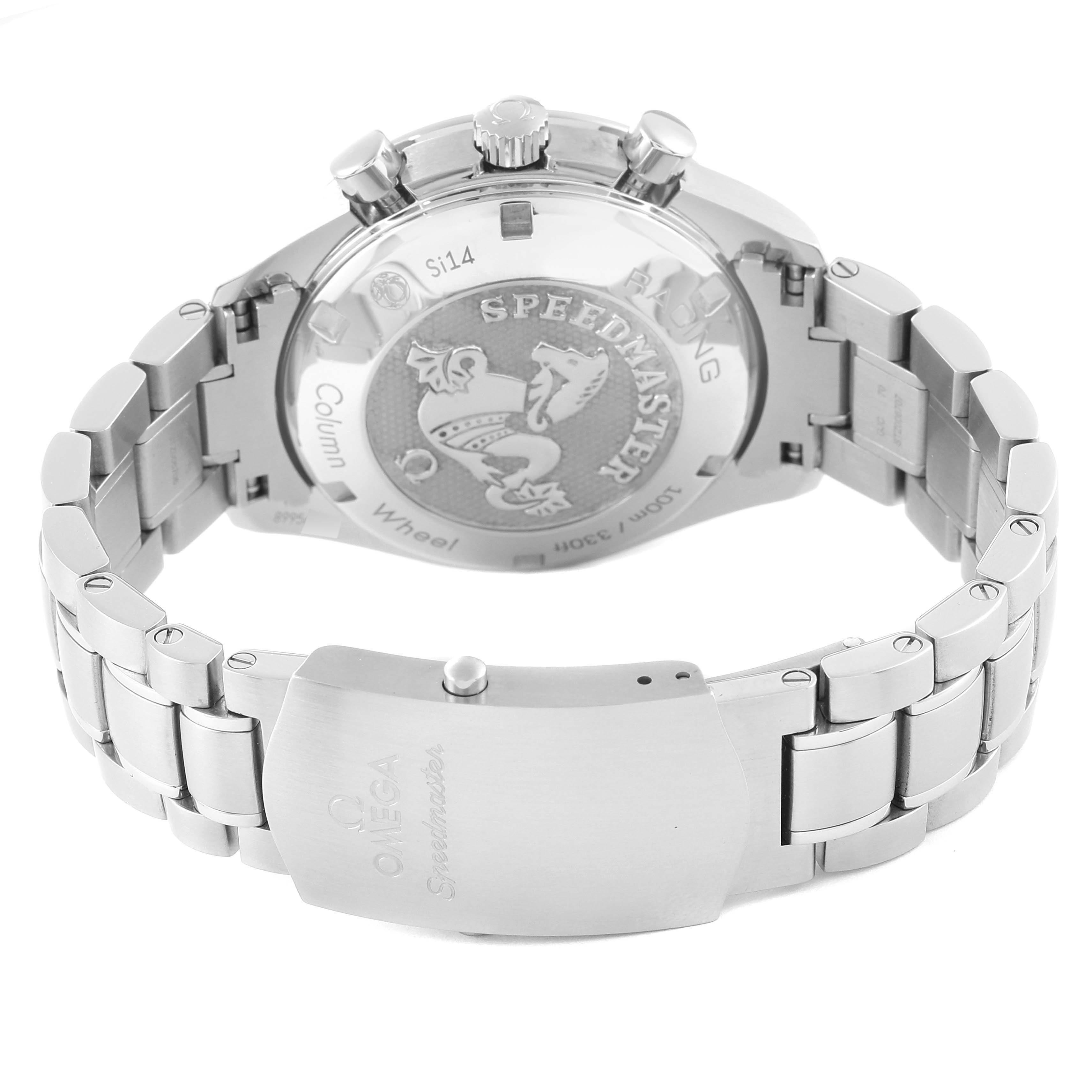 The image shows the back and clasp of the Omega Speedmaster 326.30.40.50.03.001 Men's Stainless Steel Blue Dial 326.30.40.50.03.001 Men's Stainless Steel Blue Dial watch, highlighting its case back and stainless steel bracelet.