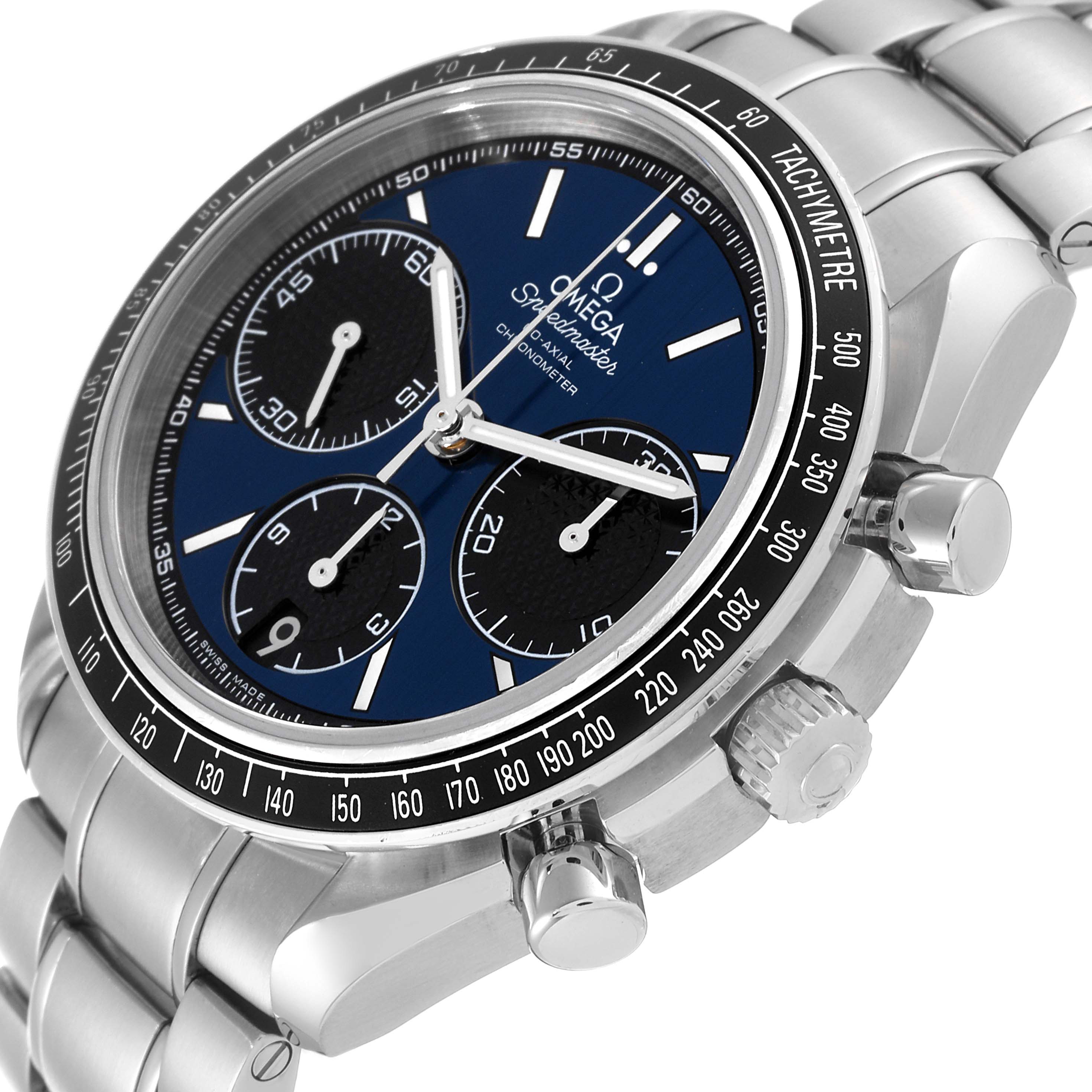The Omega Speedmaster 326.30.40.50.03.001 Men's Stainless Steel Blue Dial 326.30.40.50.03.001 Men's Stainless Steel Blue Dial watch is shown at an angle focusing on the dial, bezel, and side chronograph buttons.