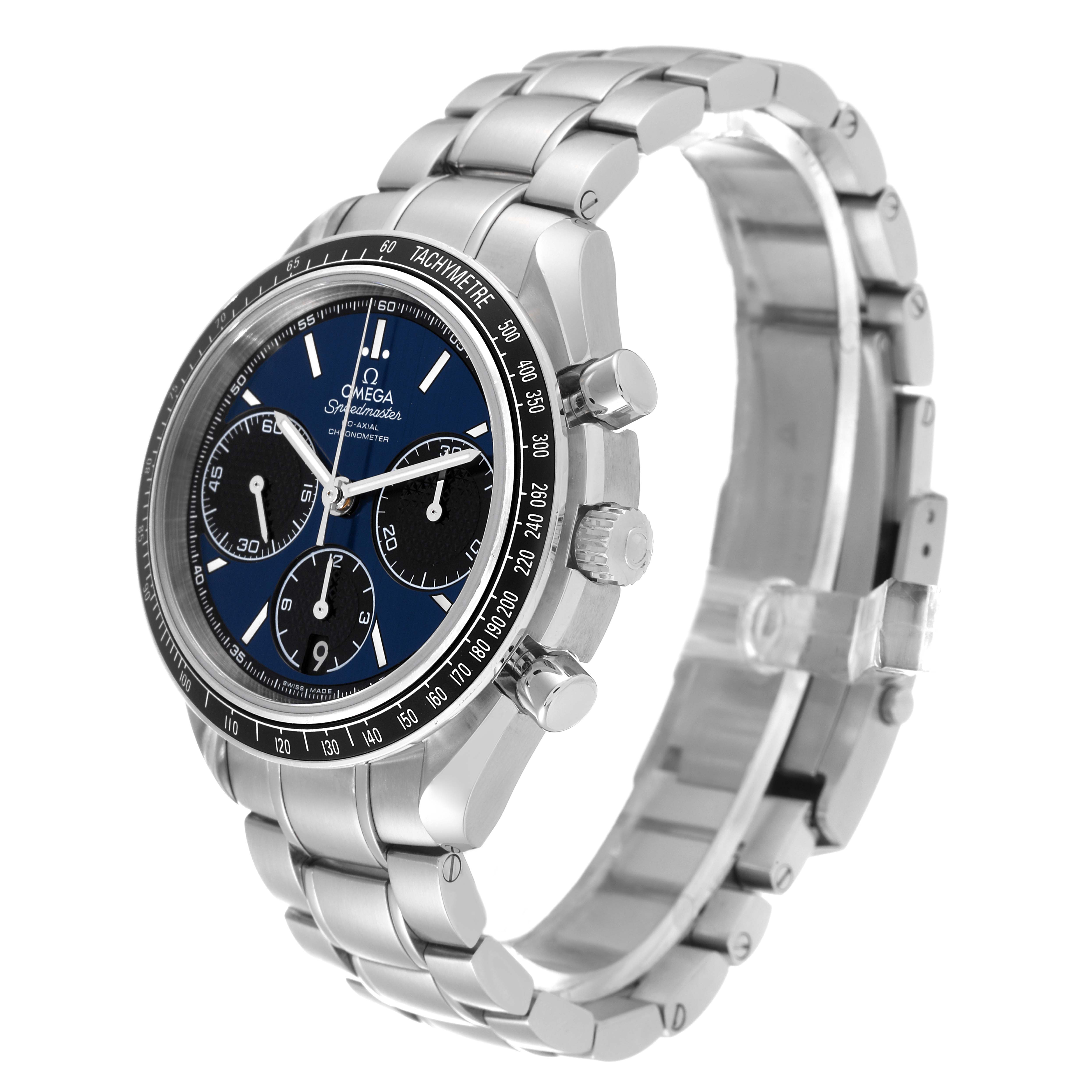 The image shows an angled view of the Omega Speedmaster 326.30.40.50.03.001 Men's Stainless Steel Blue Dial 326.30.40.50.03.001 Men's Stainless Steel Blue Dial watch, highlighting its face, bezel, and stainless steel bracelet.