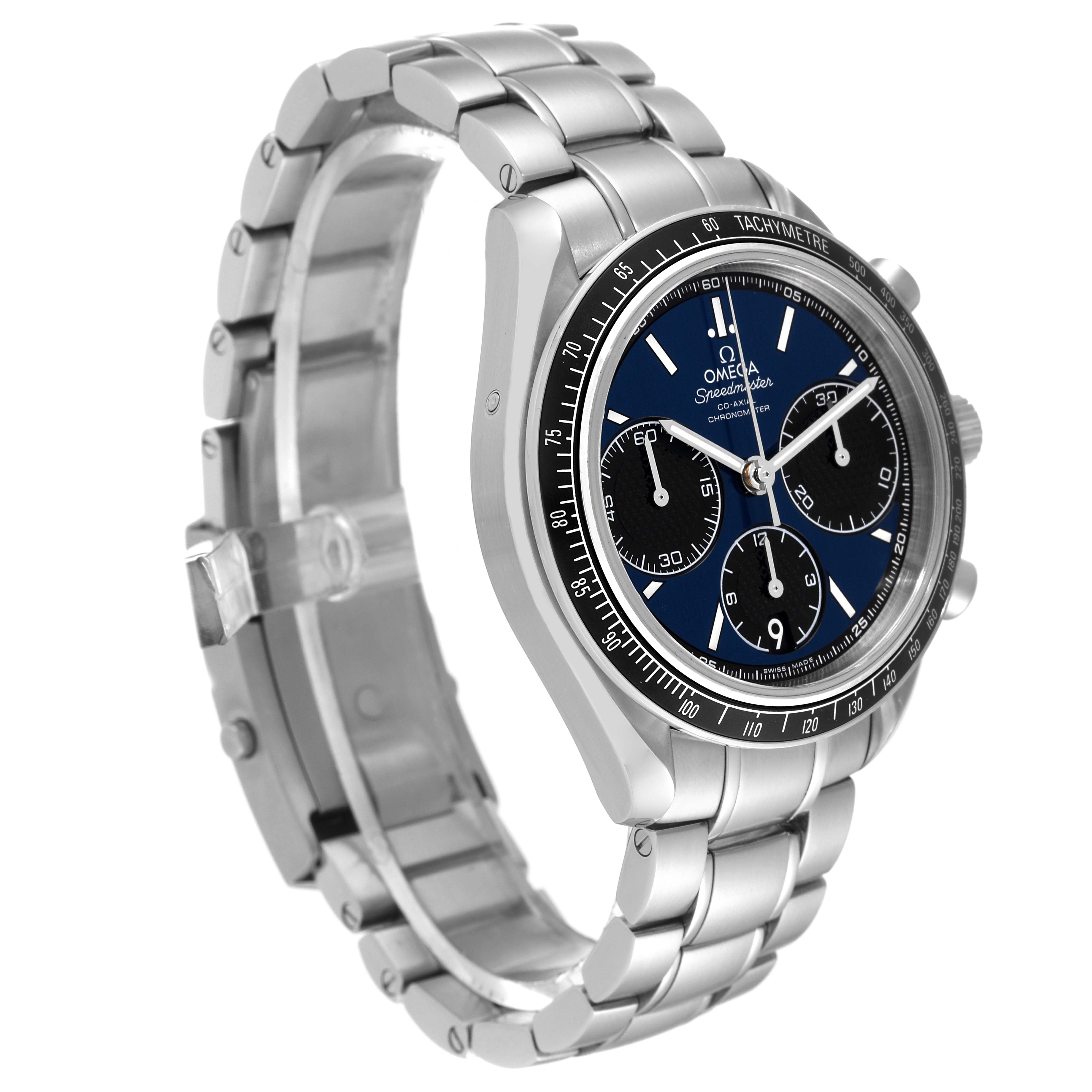 The image shows a three-quarter view of an Omega Speedmaster 326.30.40.50.03.001 Men's Stainless Steel Blue Dial 326.30.40.50.03.001 Men's Stainless Steel Blue Dial watch highlighting the face, case, and metal bracelet.