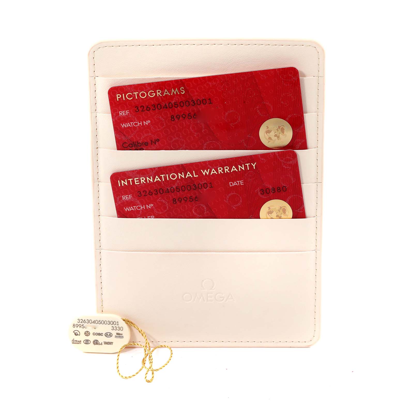 The image shows an Omega cardholder with Pictograms and International Warranty cards for an Omega Speedmaster 326.30.40.50.03.001 Men's Stainless Steel Blue Dial 326.30.40.50.03.001 Men's Stainless Steel Blue Dial model.