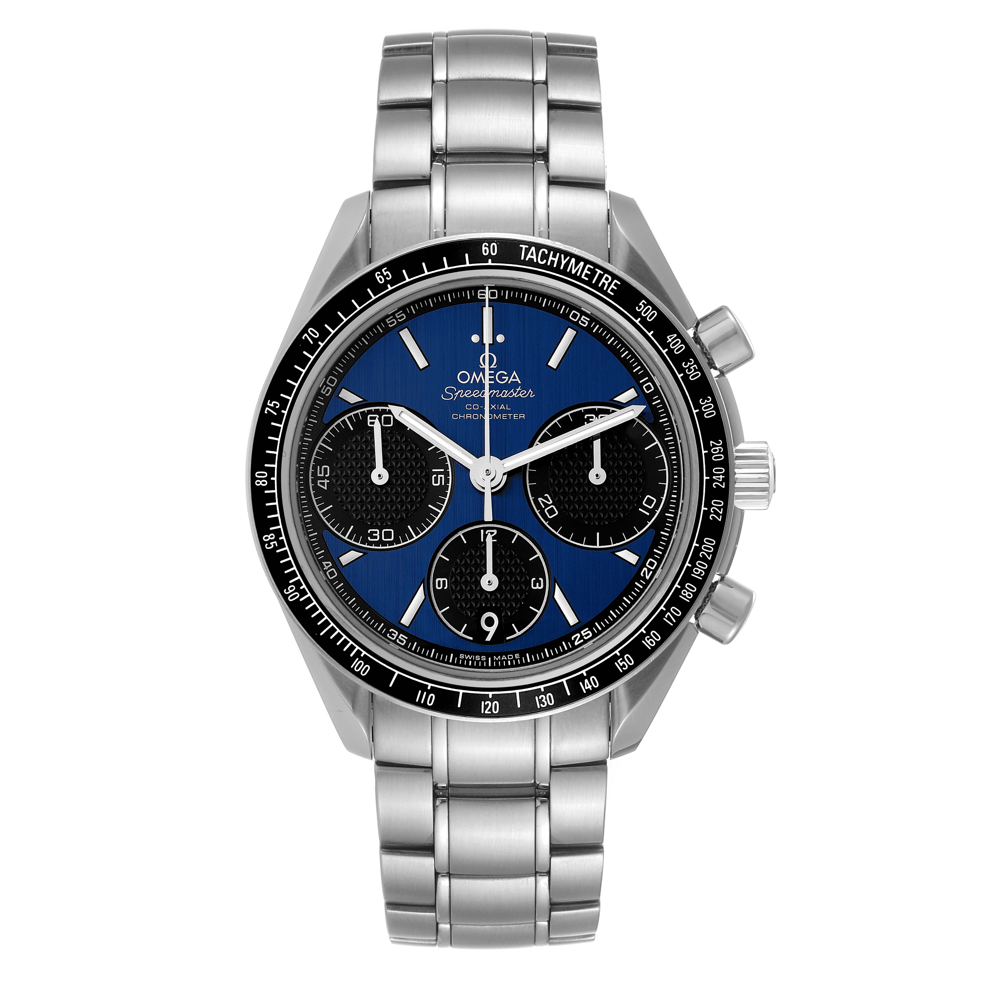 The Omega Speedmaster 326.30.40.50.03.001 Men's Stainless Steel Blue Dial 326.30.40.50.03.001 Men's Stainless Steel Blue Dial watch is shown from the front, highlighting its dial, tachymeter bezel, and stainless steel bracelet.
