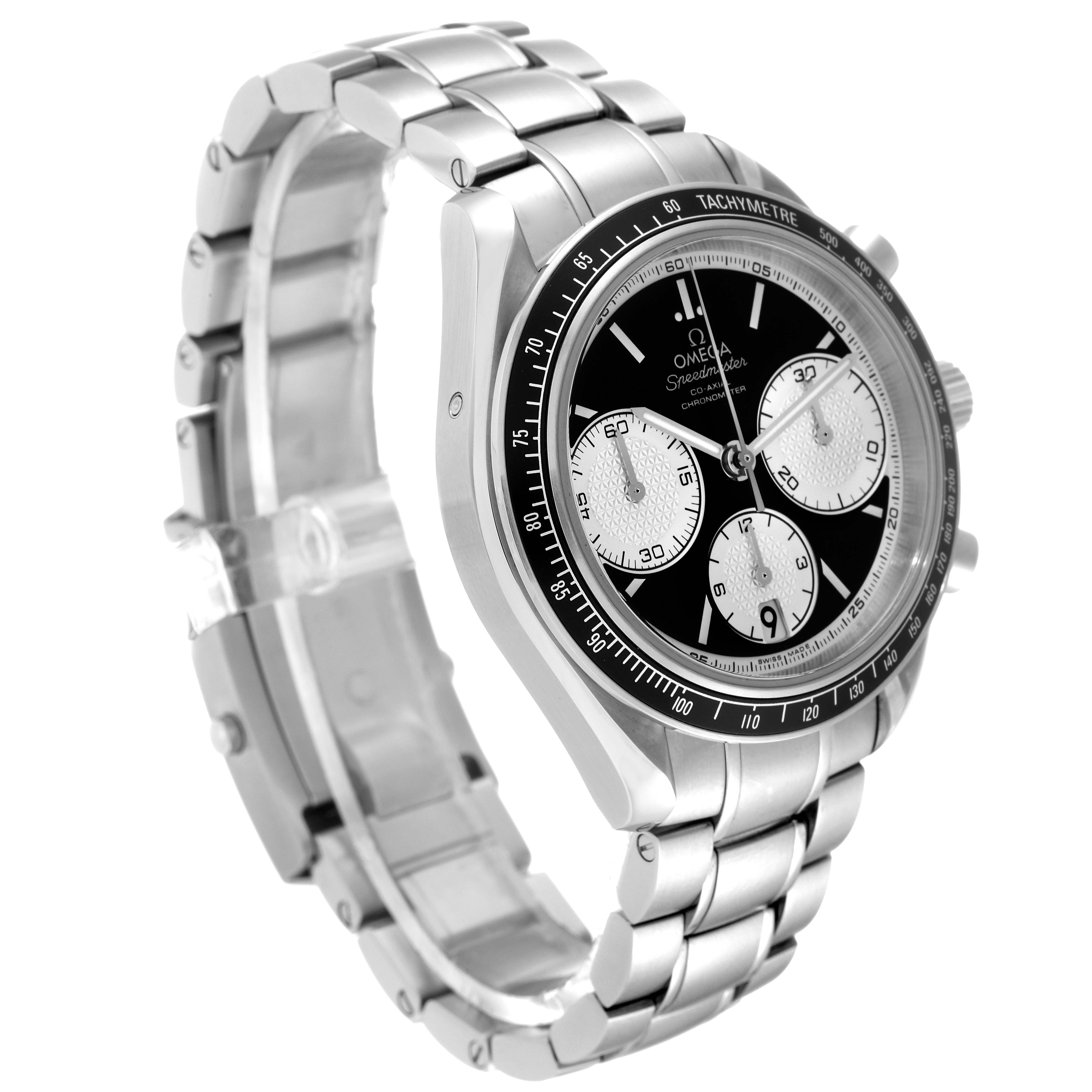 The Omega Speedmaster 326.30.40.50.01.002 Men's Stainless Steel Black Dial 326.30.40.50.01.002 Men's Stainless Steel Black Dial watch is shown at a three-quarter angle displaying its dial, tachymeter, and stainless steel bracelet.