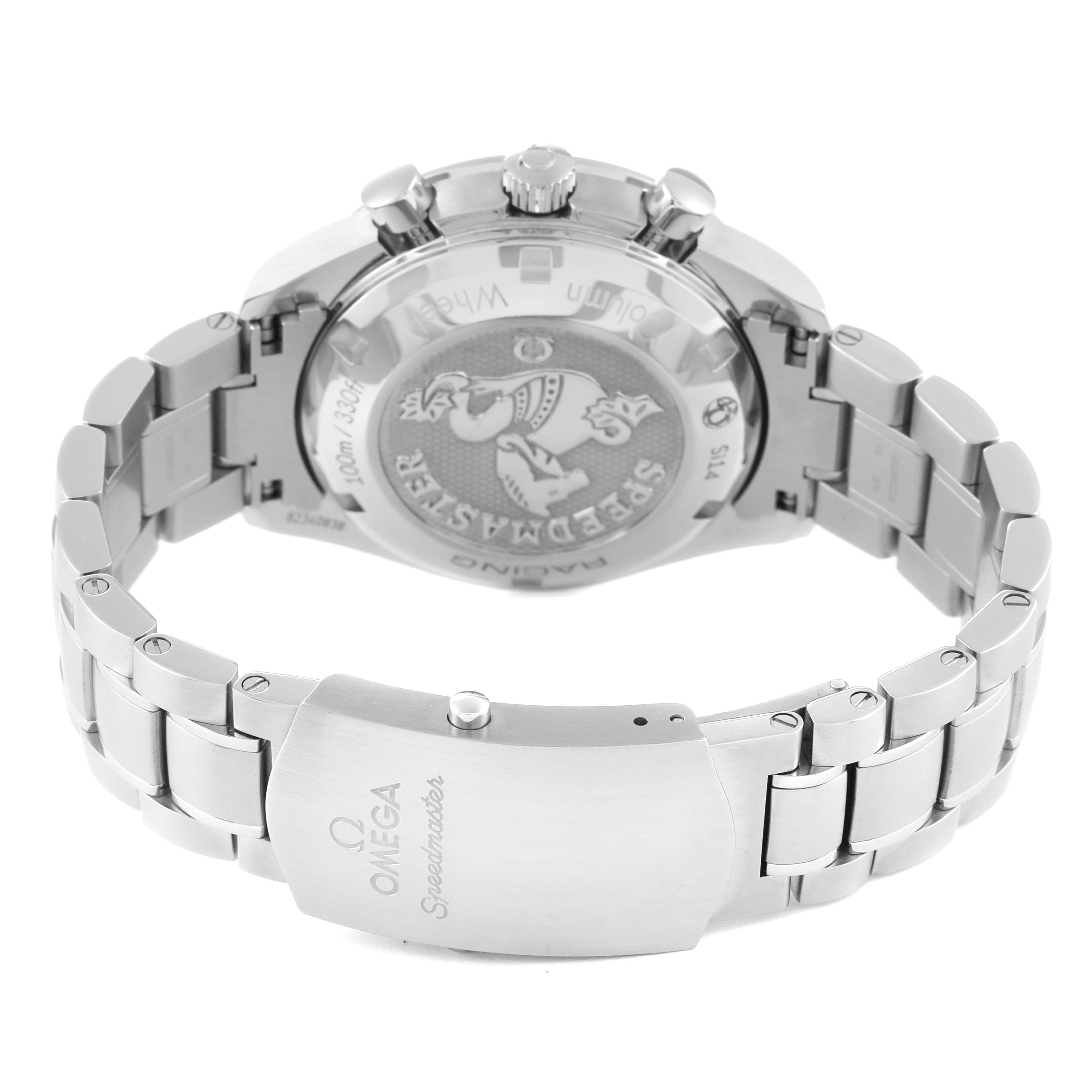 The image shows the back case, crown, and stainless steel bracelet with the clasp of the Omega Speedmaster 326.30.40.50.01.002 Men's Stainless Steel Black Dial 326.30.40.50.01.002 Men's Stainless Steel Black Dial watch.