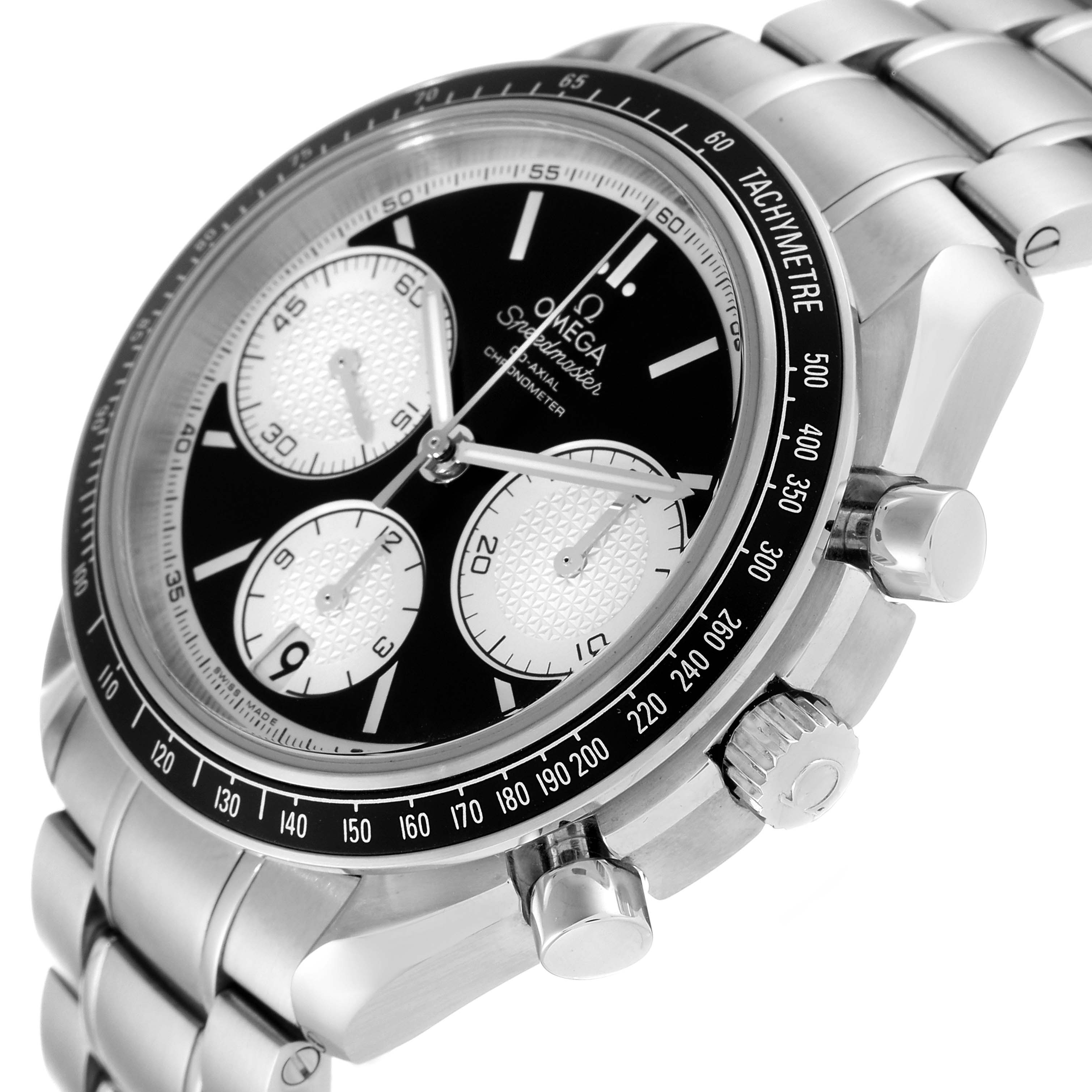 The image shows an angled close-up of the Omega Speedmaster 326.30.40.50.01.002 Men's Stainless Steel Black Dial 326.30.40.50.01.002 Men's Stainless Steel Black Dial watch's face, bezel, chronograph pushers, and stainless steel bracelet.