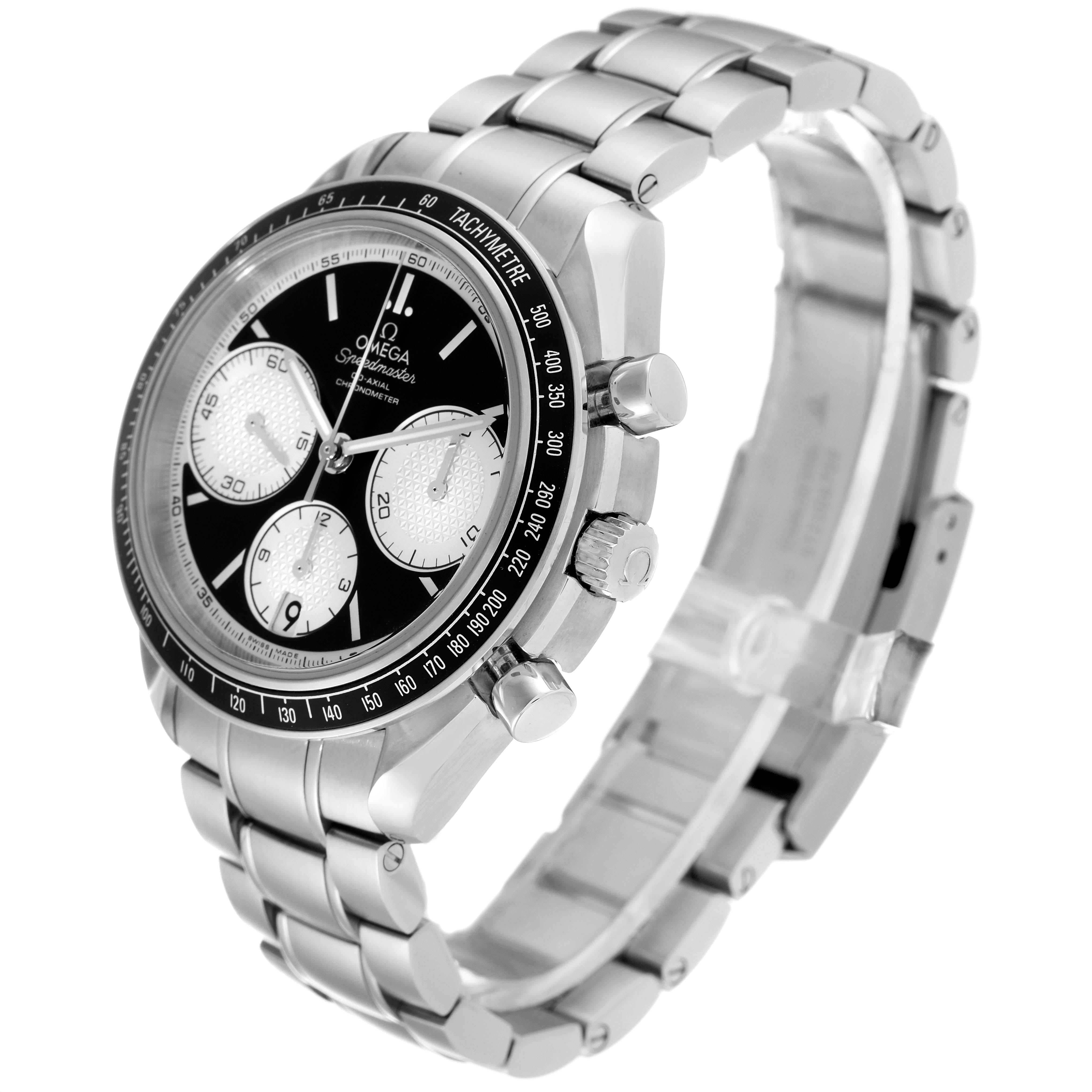 This image shows an angled side view of the Omega Speedmaster 326.30.40.50.01.002 Men's Stainless Steel Black Dial 326.30.40.50.01.002 Men's Stainless Steel Black Dial watch, highlighting the face, bezel, and metal bracelet.