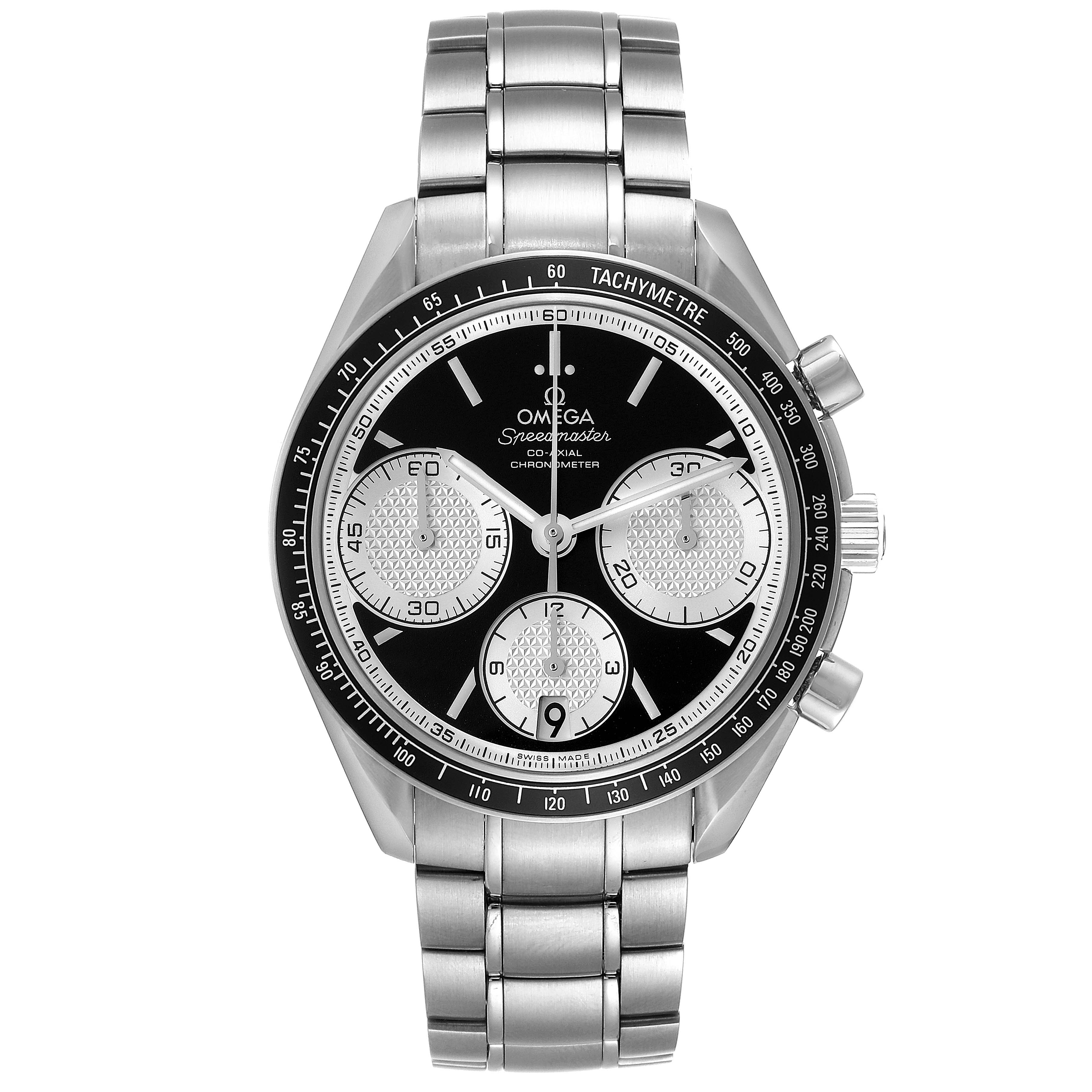 The image shows a frontal view of an Omega Speedmaster 326.30.40.50.01.002 Men's Stainless Steel Black Dial 326.30.40.50.01.002 Men's Stainless Steel Black Dial watch, highlighting its face, bezel, and stainless steel bracelet.