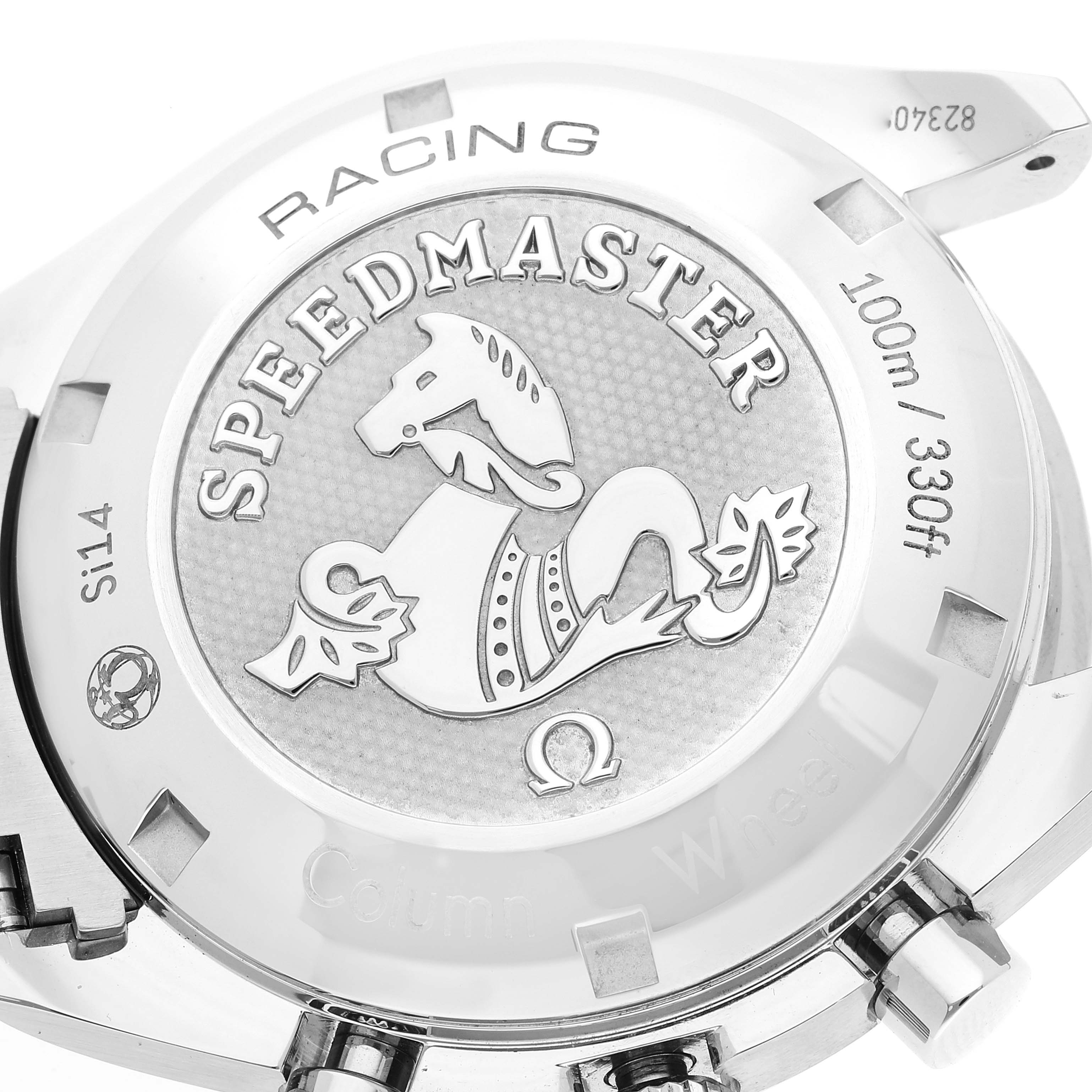 The image shows the back casing of an Omega Speedmaster 326.30.40.50.01.002 Men's Stainless Steel Black Dial 326.30.40.50.01.002 Men's Stainless Steel Black Dial watch, highlighting the branding, water resistance, and emblem/details.