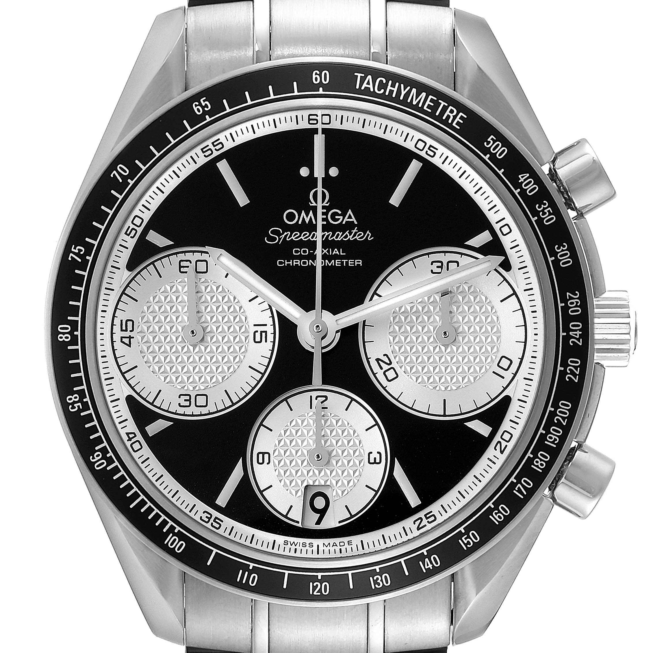 The image shows a frontal close-up of the Omega Speedmaster 326.30.40.50.01.002 Men's Stainless Steel Black Dial 326.30.40.50.01.002 Men's Stainless Steel Black Dial watch, highlighting its dial, sub-dials, and tachymeter.