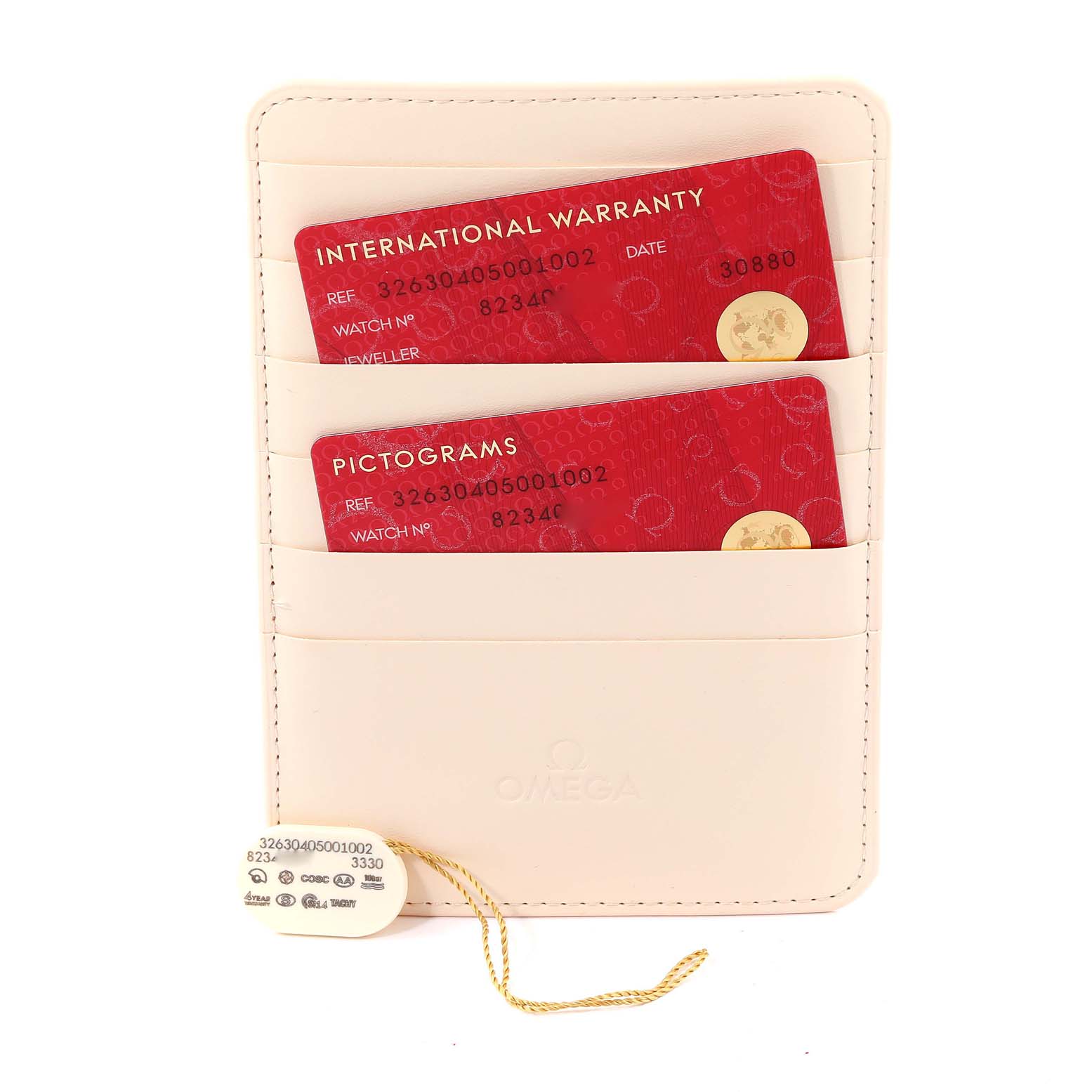 The image shows the certification and warranty cards for the Omega Speedmaster 326.30.40.50.01.002 Men's Stainless Steel Black Dial 326.30.40.50.01.002 Men's Stainless Steel Black Dial watch, along with the packaging and tags.