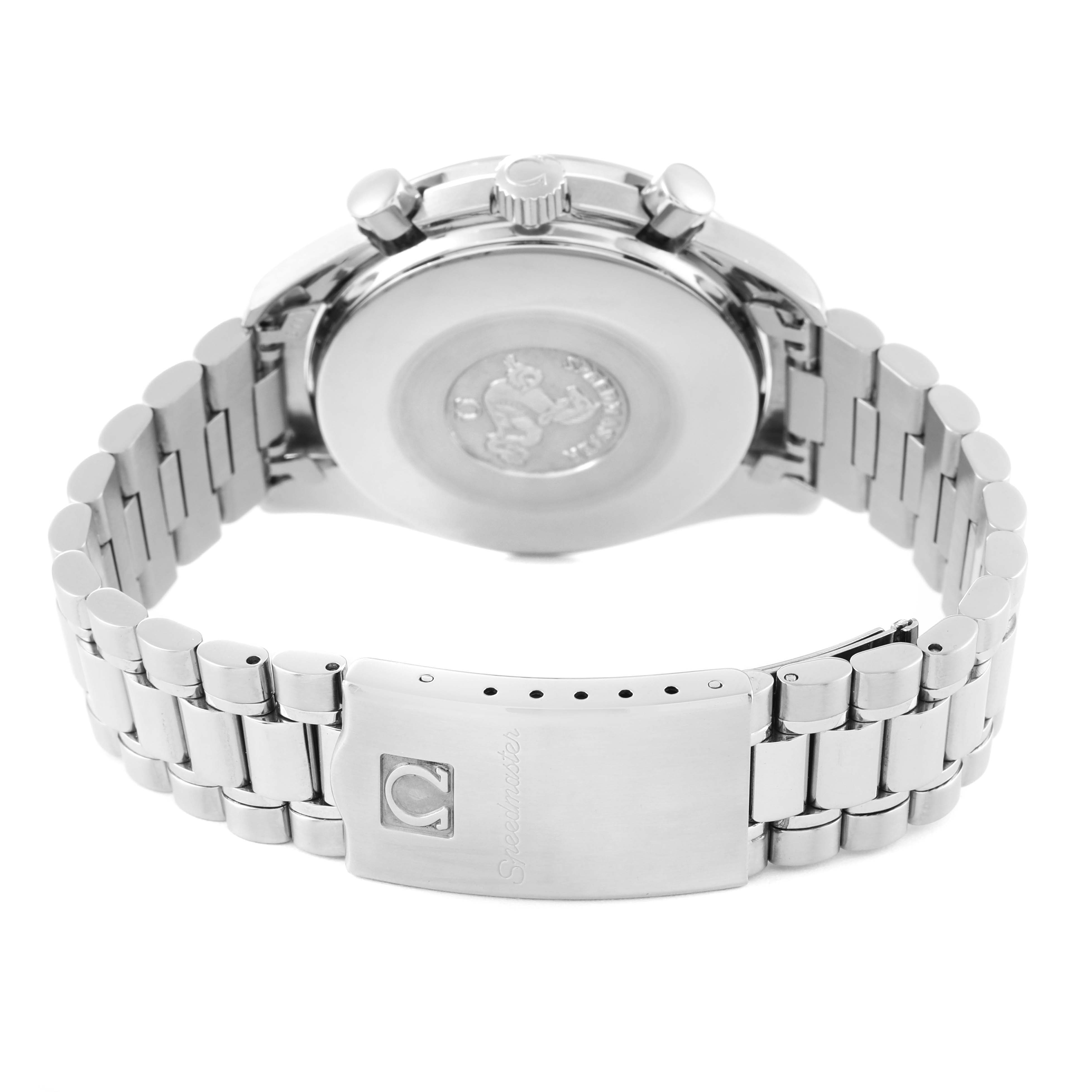 The image shows the back view of an Omega Speedmaster 3510.20.00 Men's Stainless Steel White Dial 3510.20.00 Men's Stainless Steel White Dial watch, highlighting its clasp, bracelet, and case back.