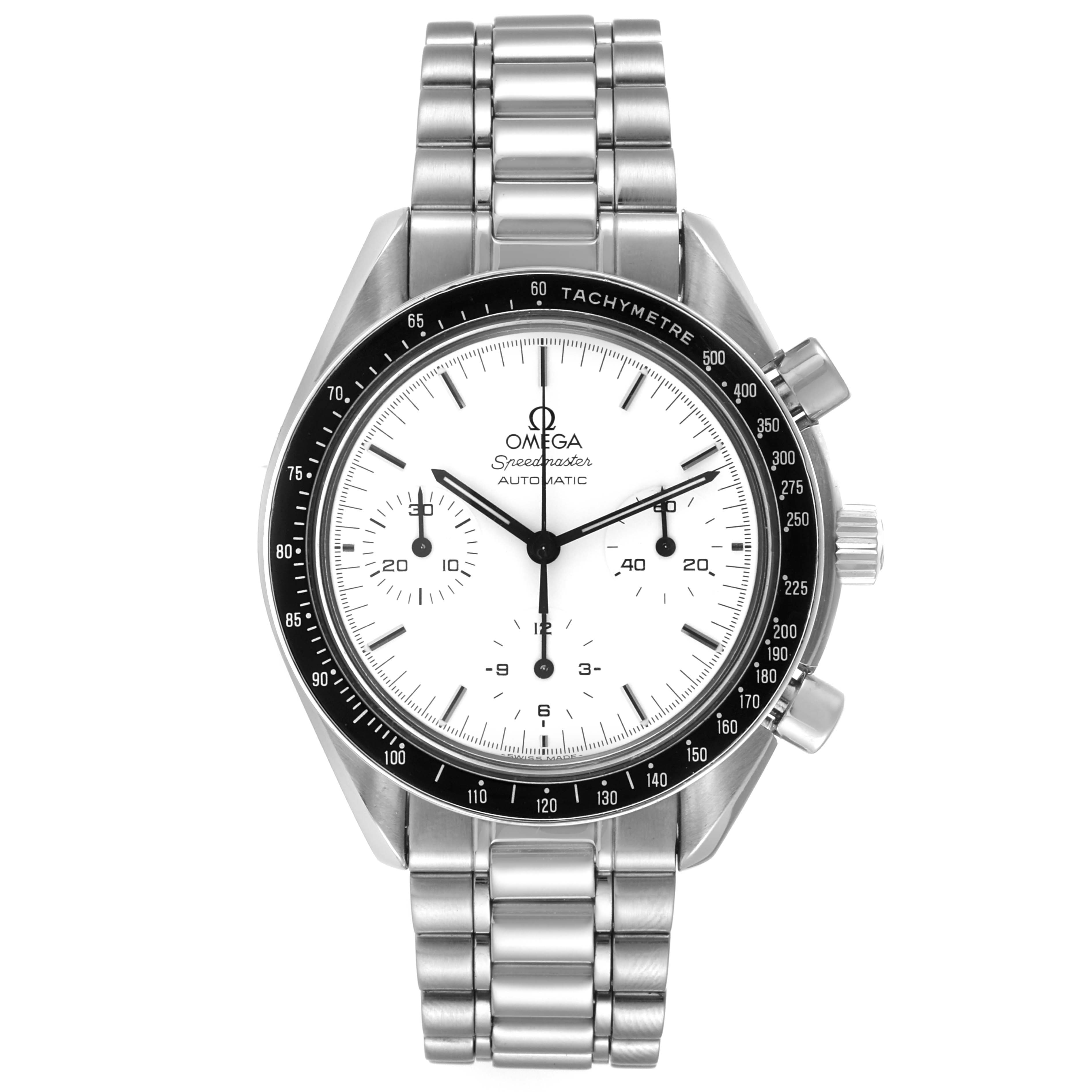 The image shows a frontal view of an Omega Speedmaster 3510.20.00 Men's Stainless Steel White Dial 3510.20.00 Men's Stainless Steel White Dial watch, displaying its dial, tachymeter bezel, and stainless steel bracelet.