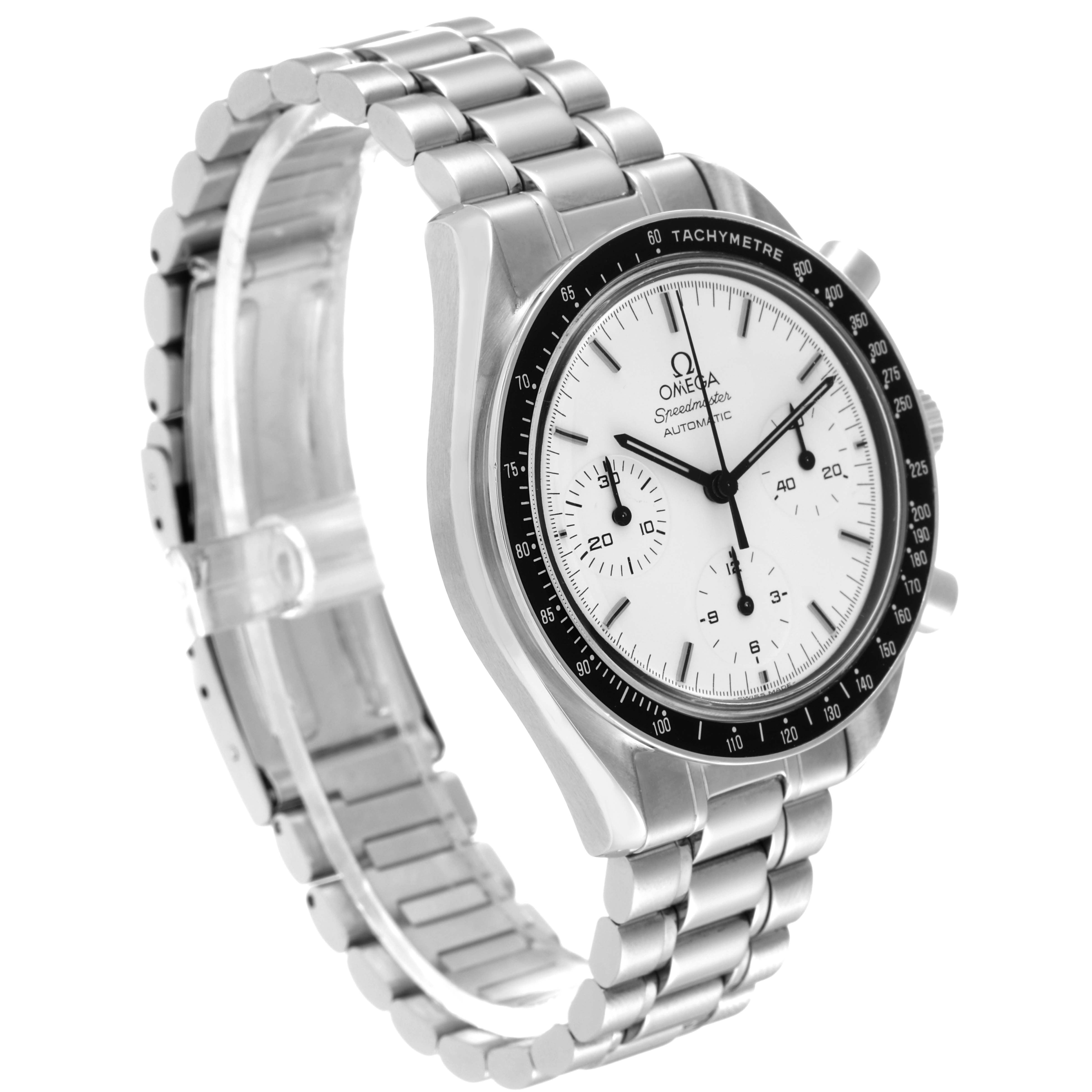 The Omega Speedmaster 3510.20.00 Men's Stainless Steel White Dial 3510.20.00 Men's Stainless Steel White Dial watch is shown at a slight angle, displaying its face, bezel, and metal bracelet.