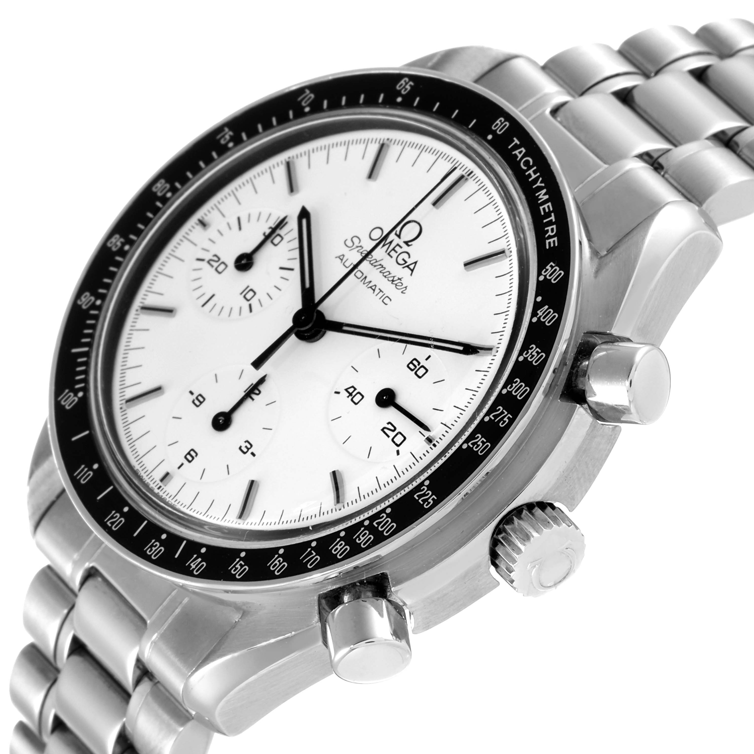 This image shows an angled close-up of the Omega Speedmaster 3510.20.00 Men's Stainless Steel White Dial 3510.20.00 Men's Stainless Steel White Dial's face, bezel, and side buttons with a stainless steel bracelet.