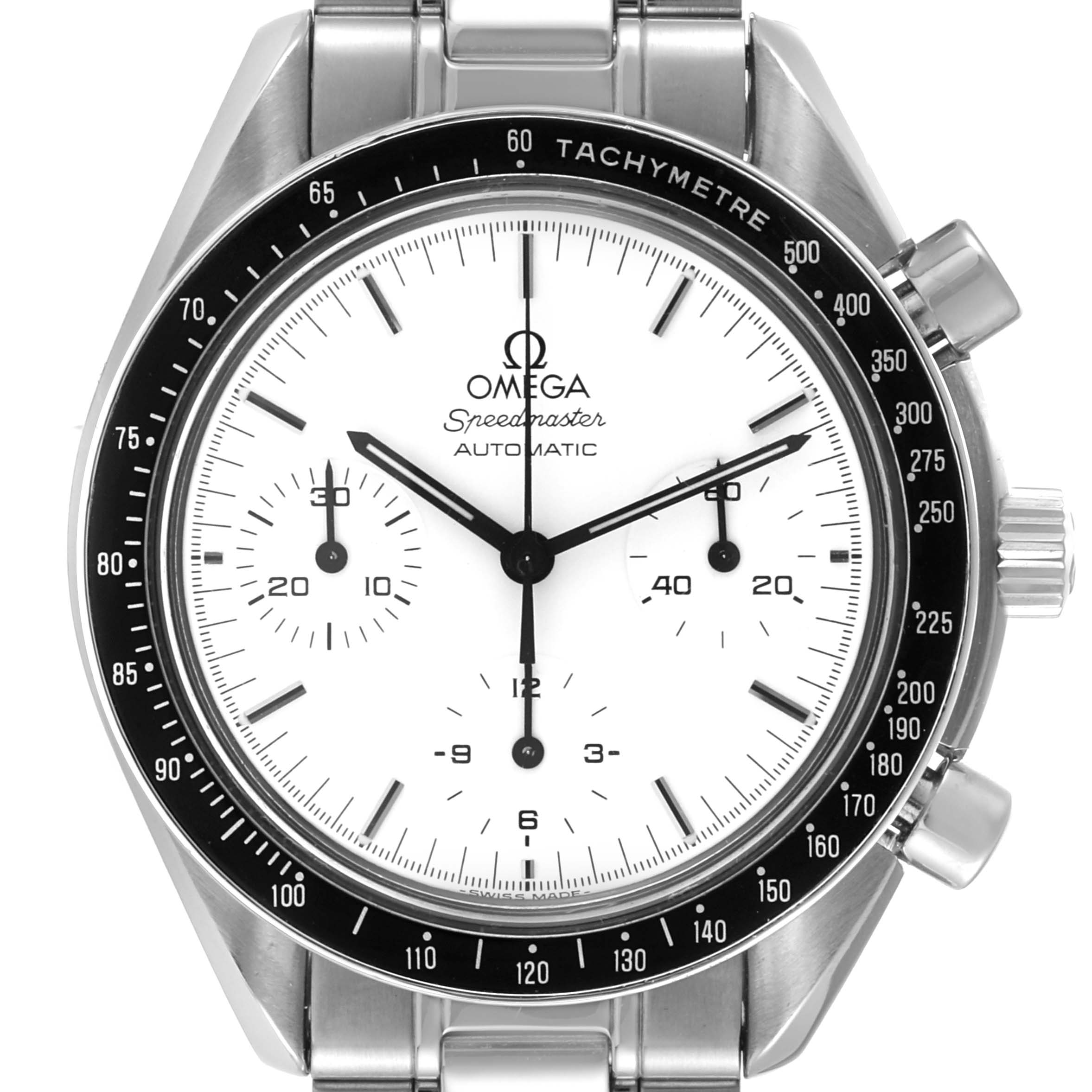 The Omega Speedmaster 3510.20.00 Men's Stainless Steel White Dial 3510.20.00 Men's Stainless Steel White Dial watch is shown from a frontal angle, displaying the dial, sub-dials, bezel, and lugs.