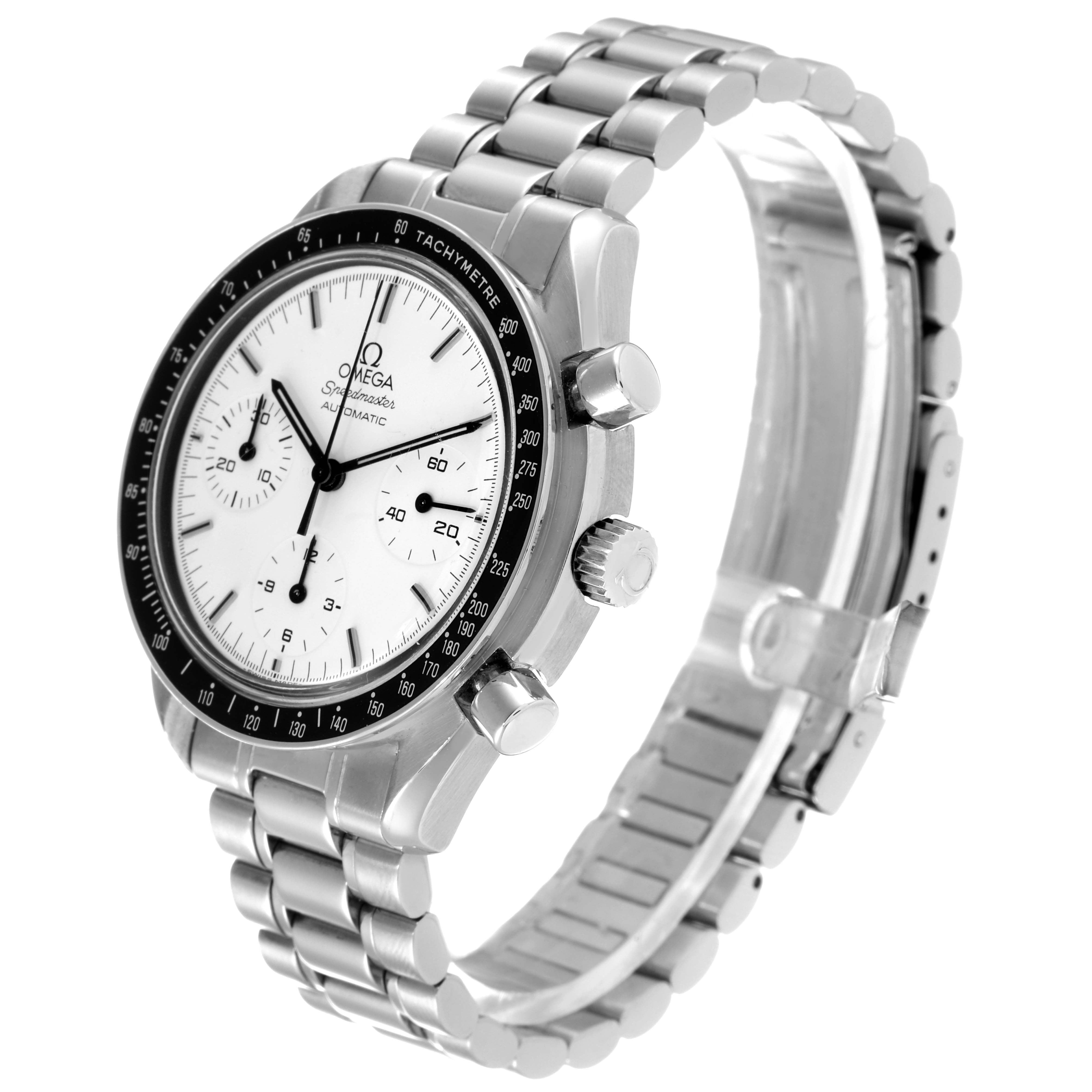 The Omega Speedmaster 3510.20.00 Men's Stainless Steel White Dial 3510.20.00 Men's Stainless Steel White Dial watch is shown at a three-quarter angle, highlighting the face, bezel, crown, pushers, and metal bracelet.