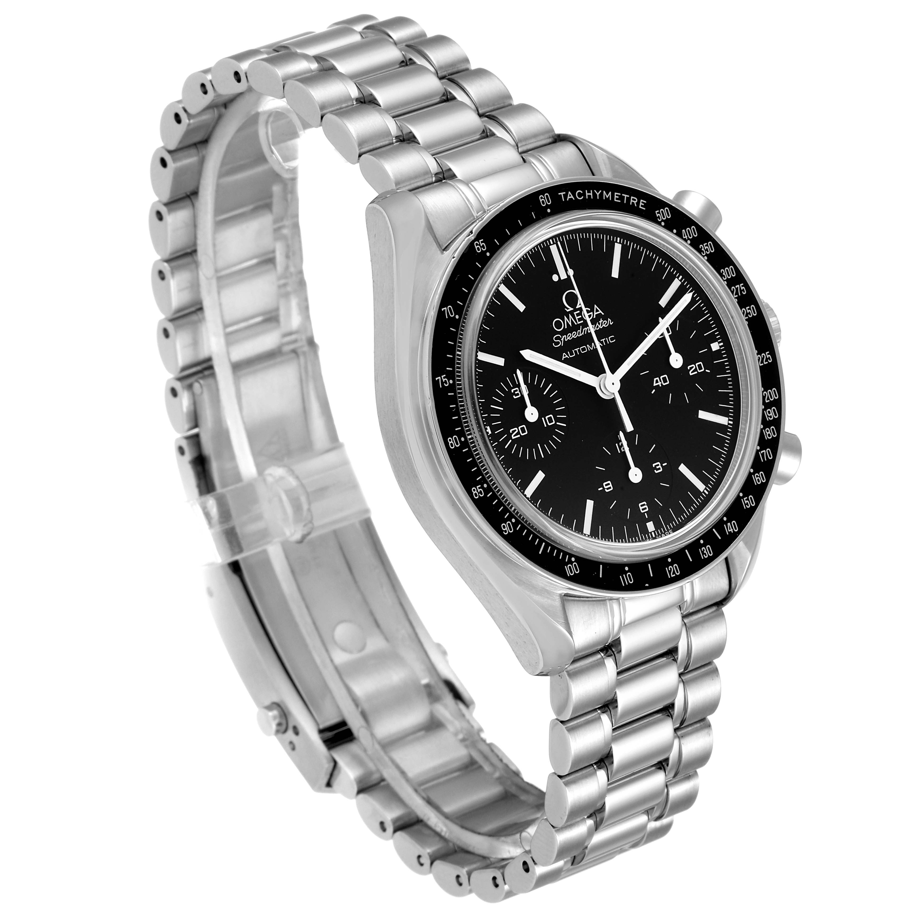 The image shows an angled view of the Omega Speedmaster 3539.50.00 Men's Stainless Steel Black Dial 3539.50.00 Men's Stainless Steel Black Dial watch, highlighting the dial, bezel, and metal bracelet.