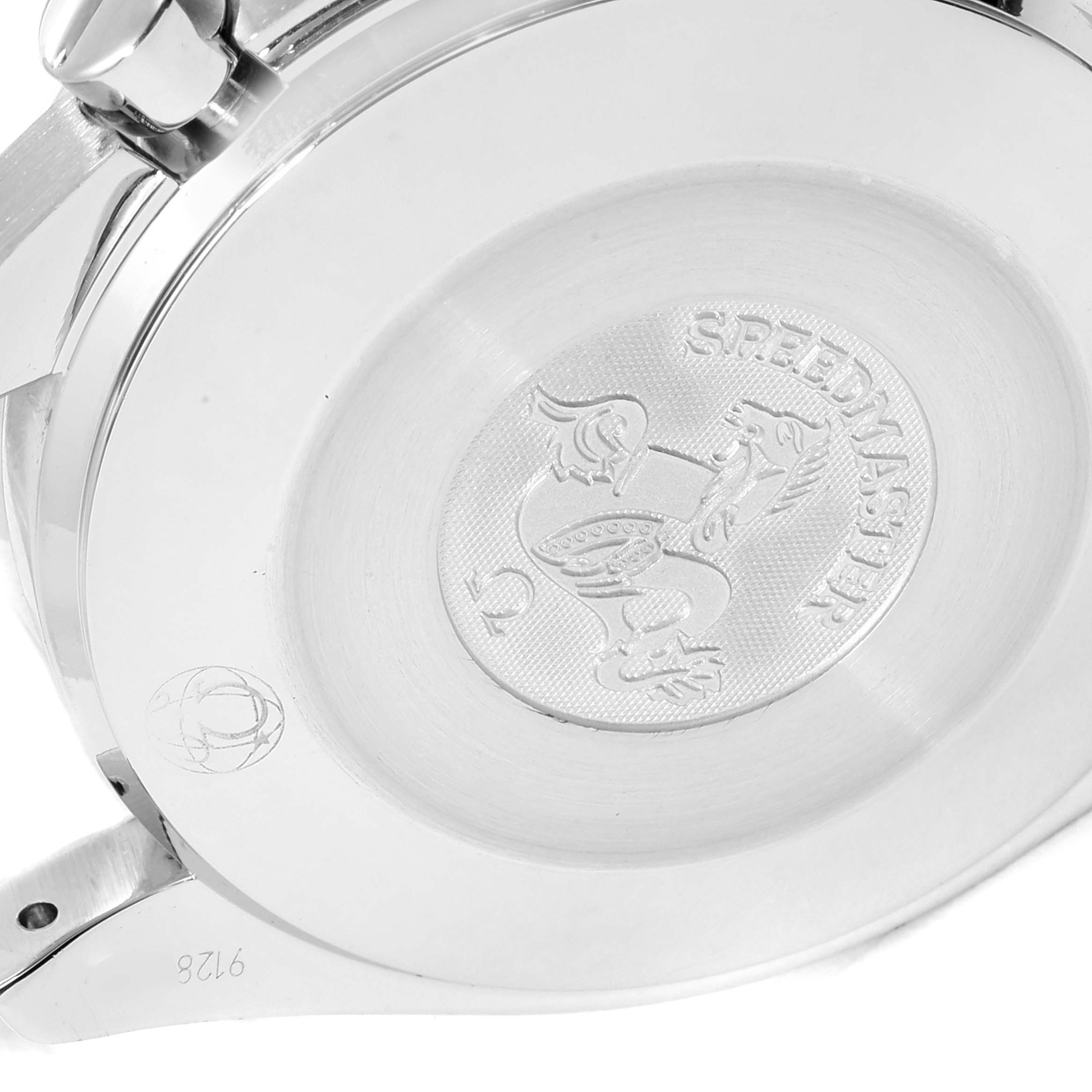 The image shows the case back of an Omega Speedmaster 3539.50.00 Men's Stainless Steel Black Dial 3539.50.00 Men's Stainless Steel Black Dial watch, featuring engraved details and a logo.