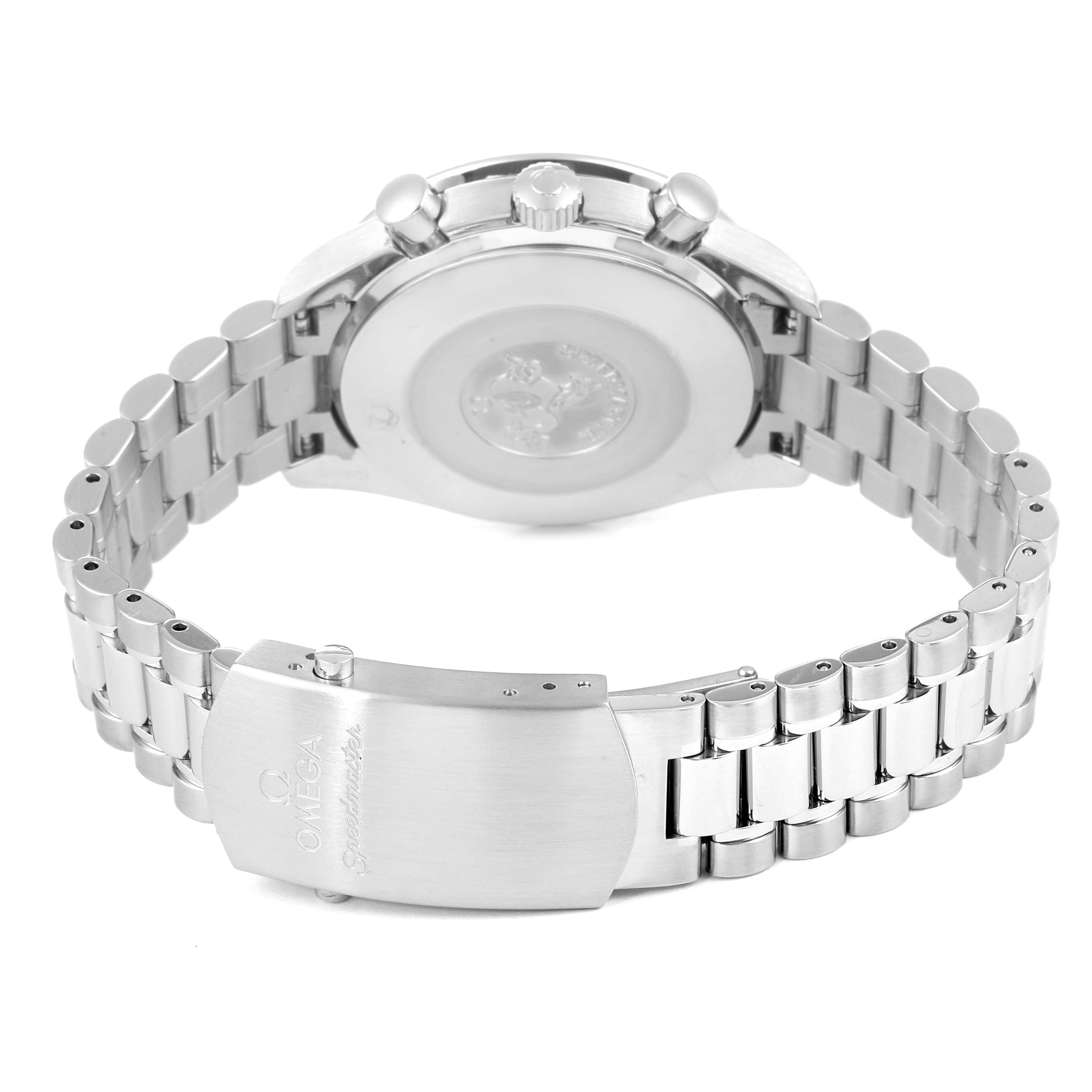 The image shows the back view of an Omega Speedmaster 3539.50.00 Men's Stainless Steel Black Dial 3539.50.00 Men's Stainless Steel Black Dial watch, highlighting the clasp and metal bracelet.