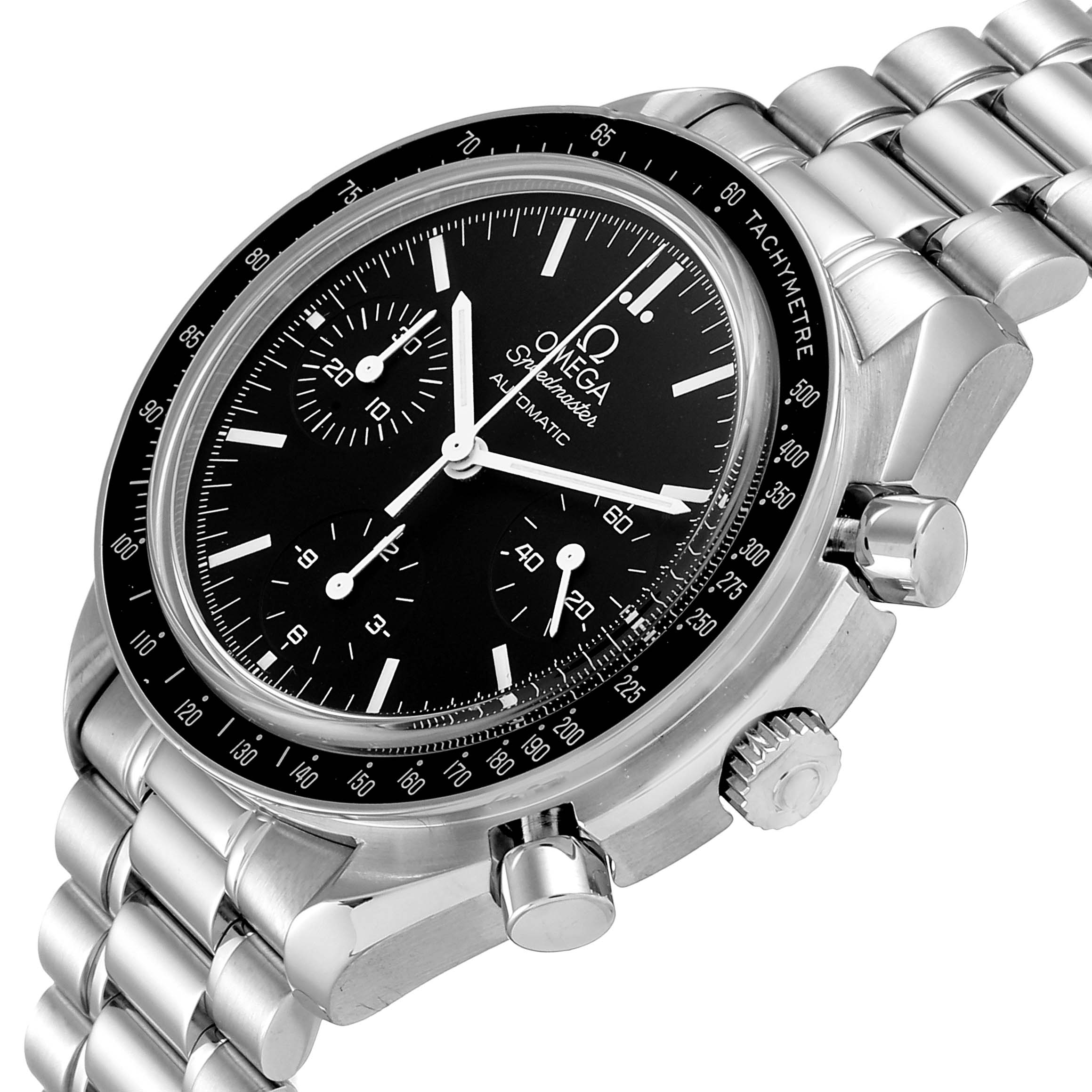 The Omega Speedmaster 3539.50.00 Men's Stainless Steel Black Dial 3539.50.00 Men's Stainless Steel Black Dial watch is shown at an angle displaying the dial, tachymeter bezel, and stainless steel bracelet.