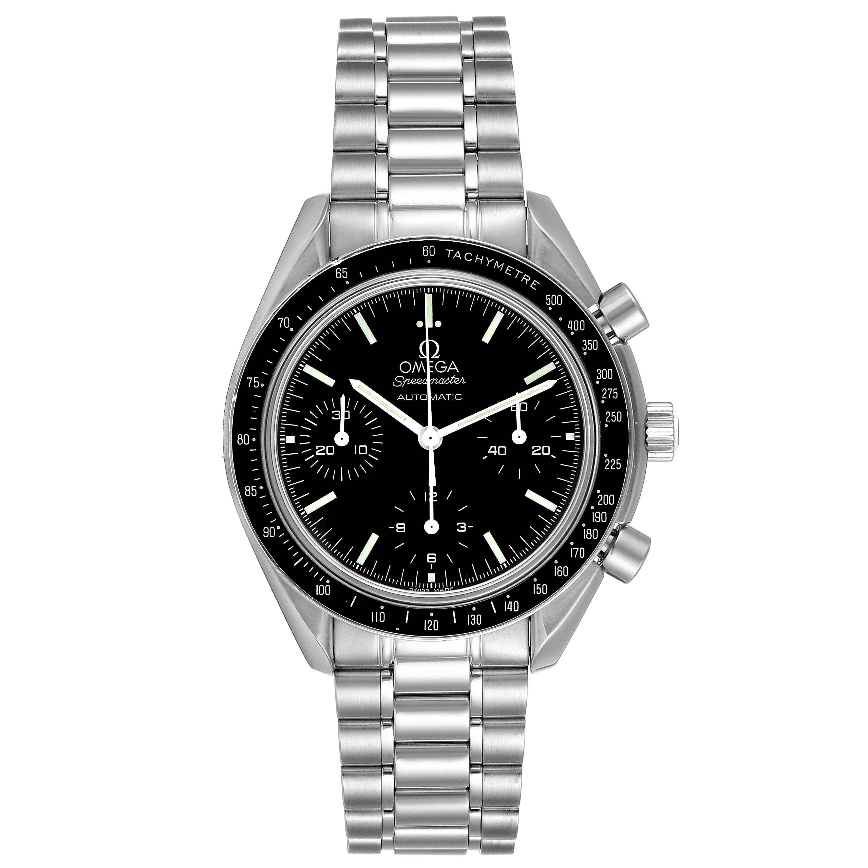 The image shows a front view of the Omega Speedmaster 3539.50.00 Men's Stainless Steel Black Dial 3539.50.00 Men's Stainless Steel Black Dial watch, displaying its black dial, chronograph sub-dials, and stainless steel bracelet.