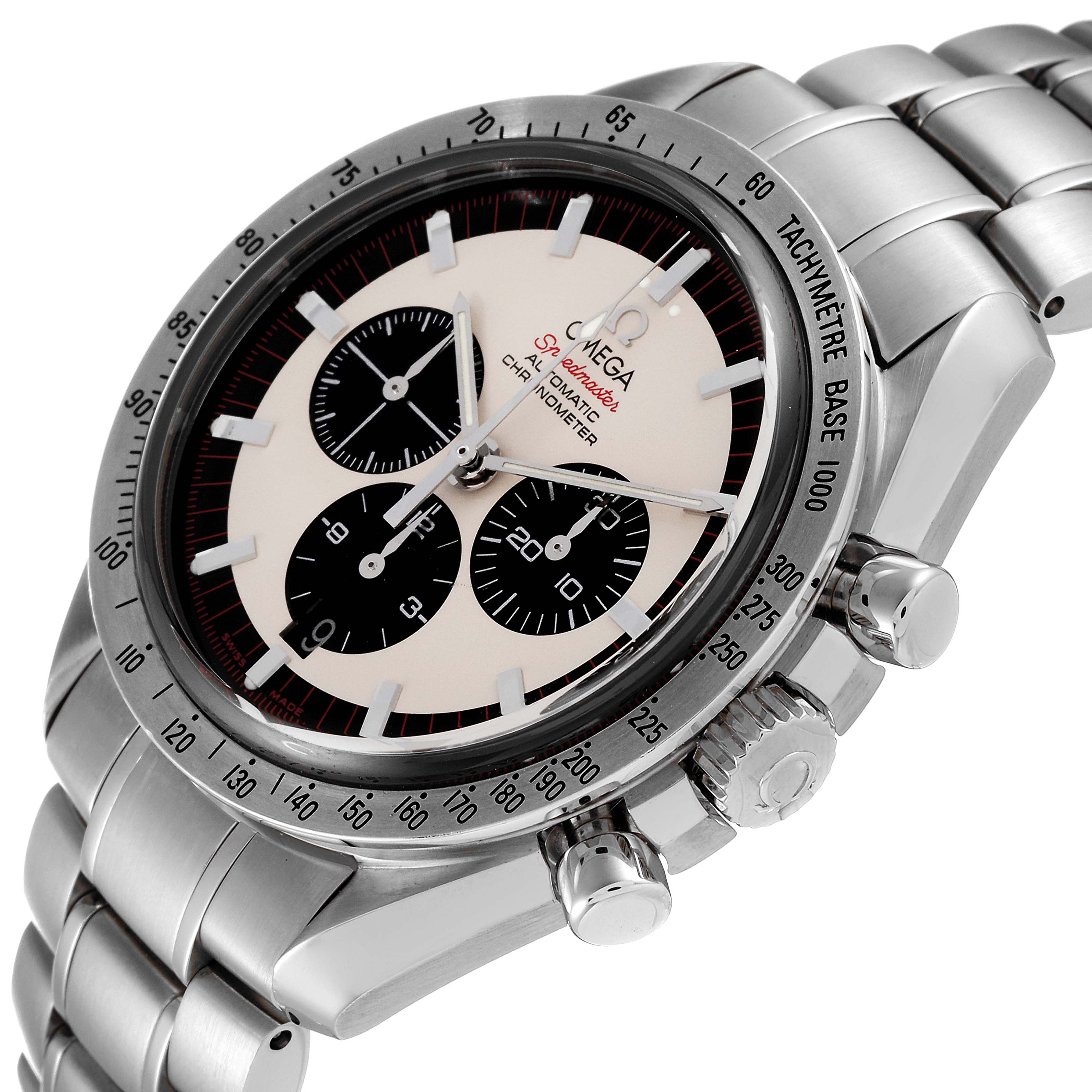 The Omega Speedmaster 3559.32.00 Men's Stainless Steel Silver Dial 3559.32.00 Men's Stainless Steel Silver Dial watch is shown at an angle displaying the face, bezel, chronograph buttons, and part of the bracelet.