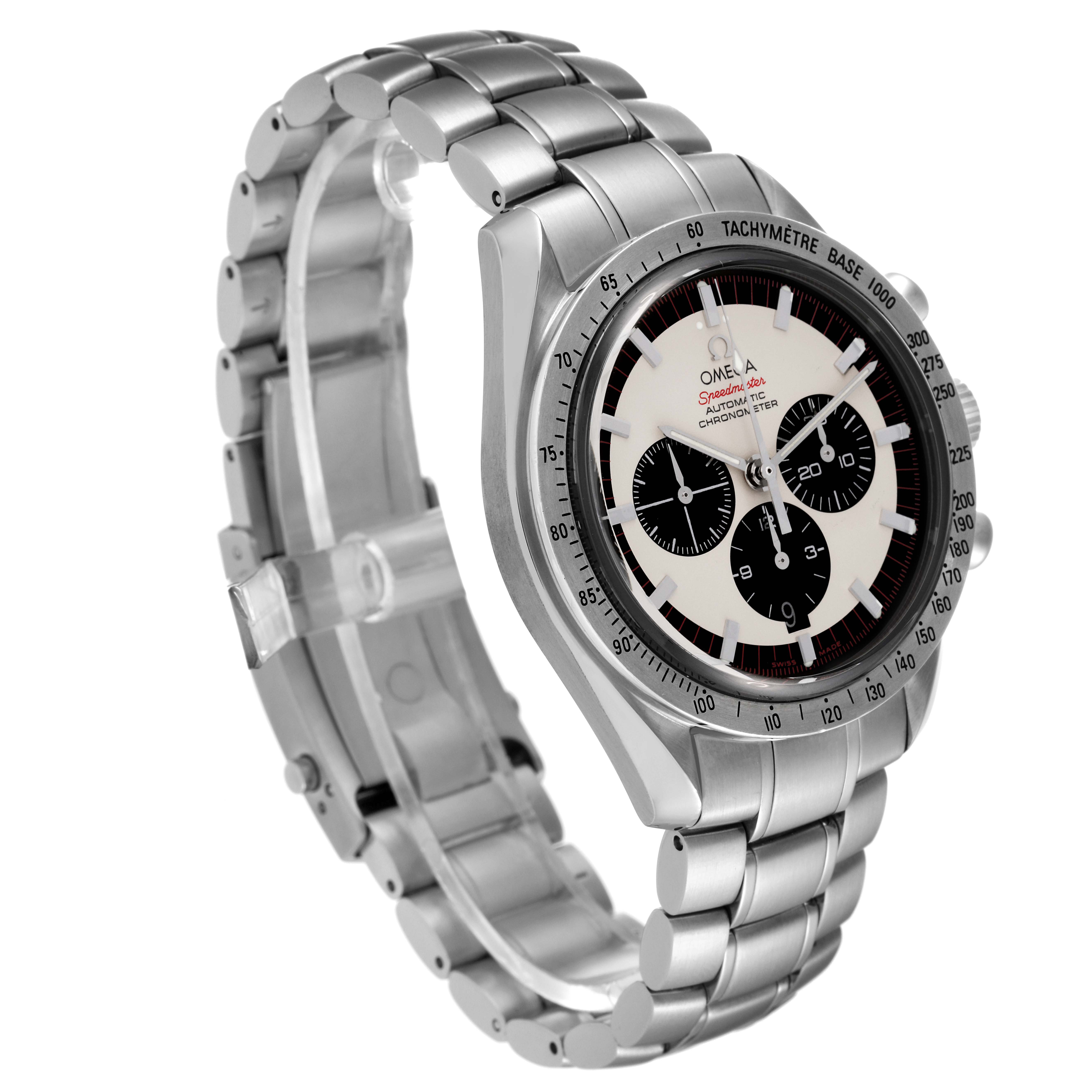 The Omega Speedmaster 3559.32.00 Men's Stainless Steel Silver Dial 3559.32.00 Men's Stainless Steel Silver Dial watch is shown at a slight angle, highlighting the dial, tachymeter bezel, and stainless steel bracelet.