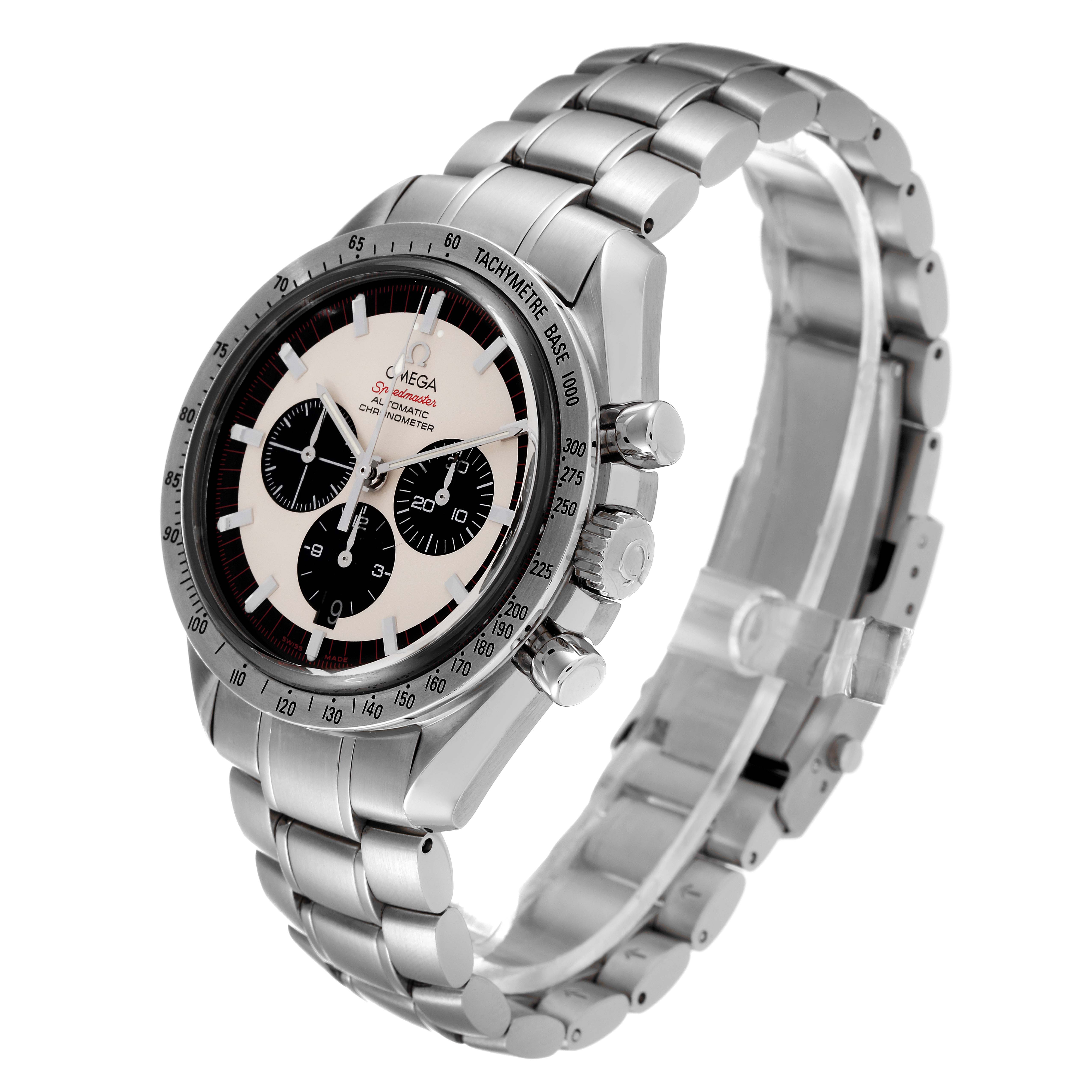 The Omega Speedmaster 3559.32.00 Men's Stainless Steel Silver Dial 3559.32.00 Men's Stainless Steel Silver Dial watch is shown in a side angle view, highlighting the face, bezel, and stainless steel bracelet.