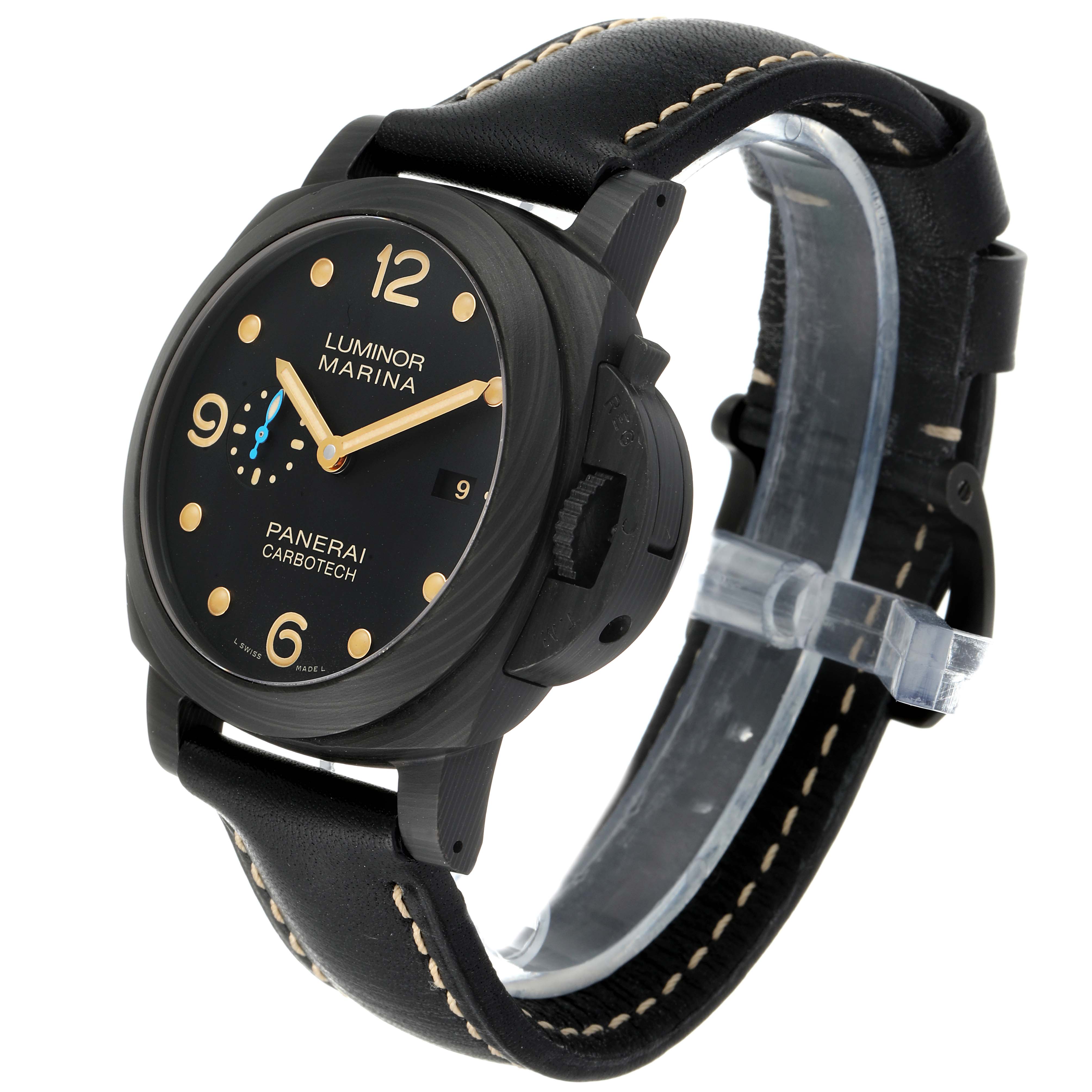The image shows a Panerai Luminor PAM00661 Men's Titanium Black Dial PAM00661 Men's Titanium Black Dial Marina watch at an angle displaying the watch face, bezel, and leather strap.