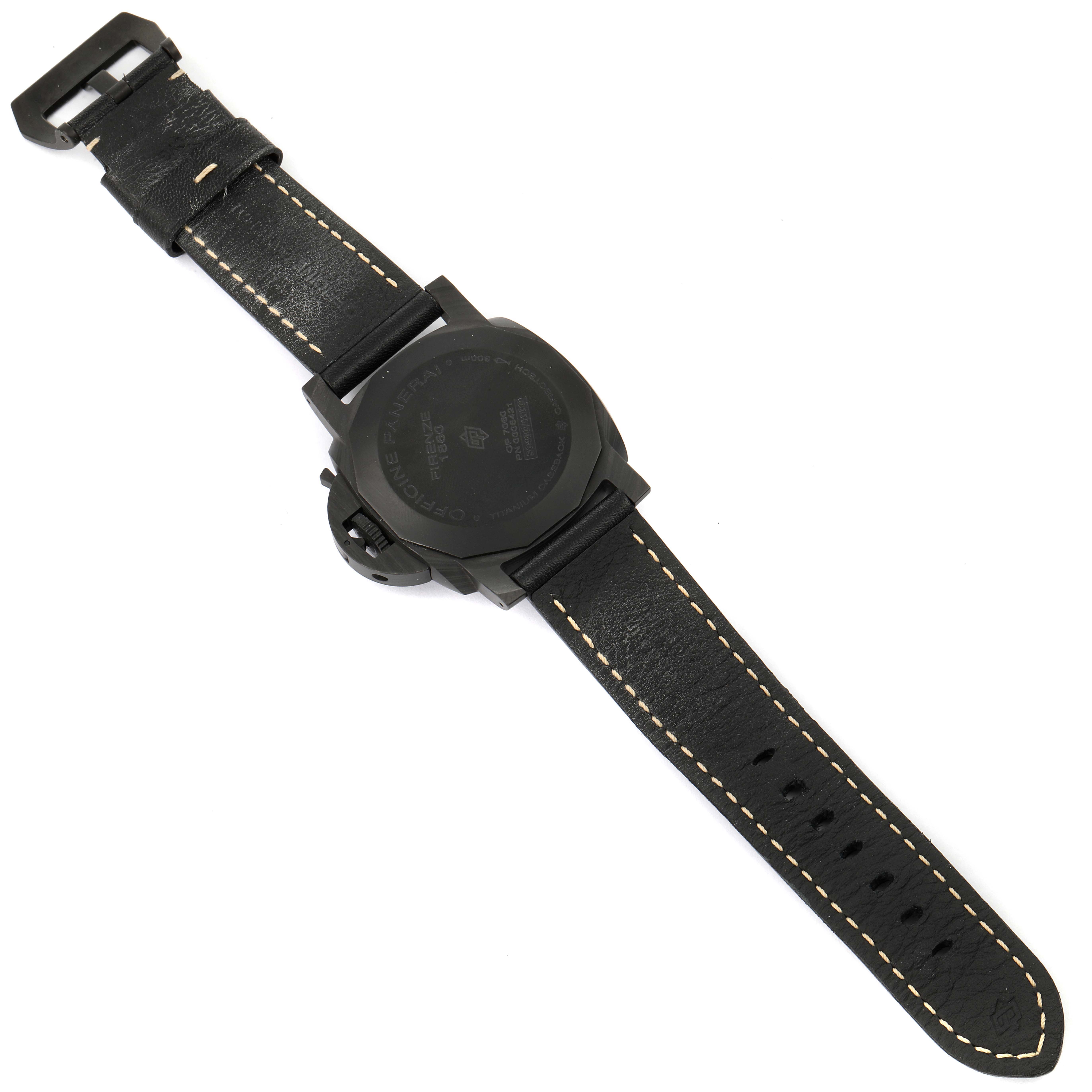 This image shows the back view of a Panerai Luminor PAM00661 Men's Titanium Black Dial PAM00661 Men's Titanium Black Dial watch, displaying its leather strap and case back.