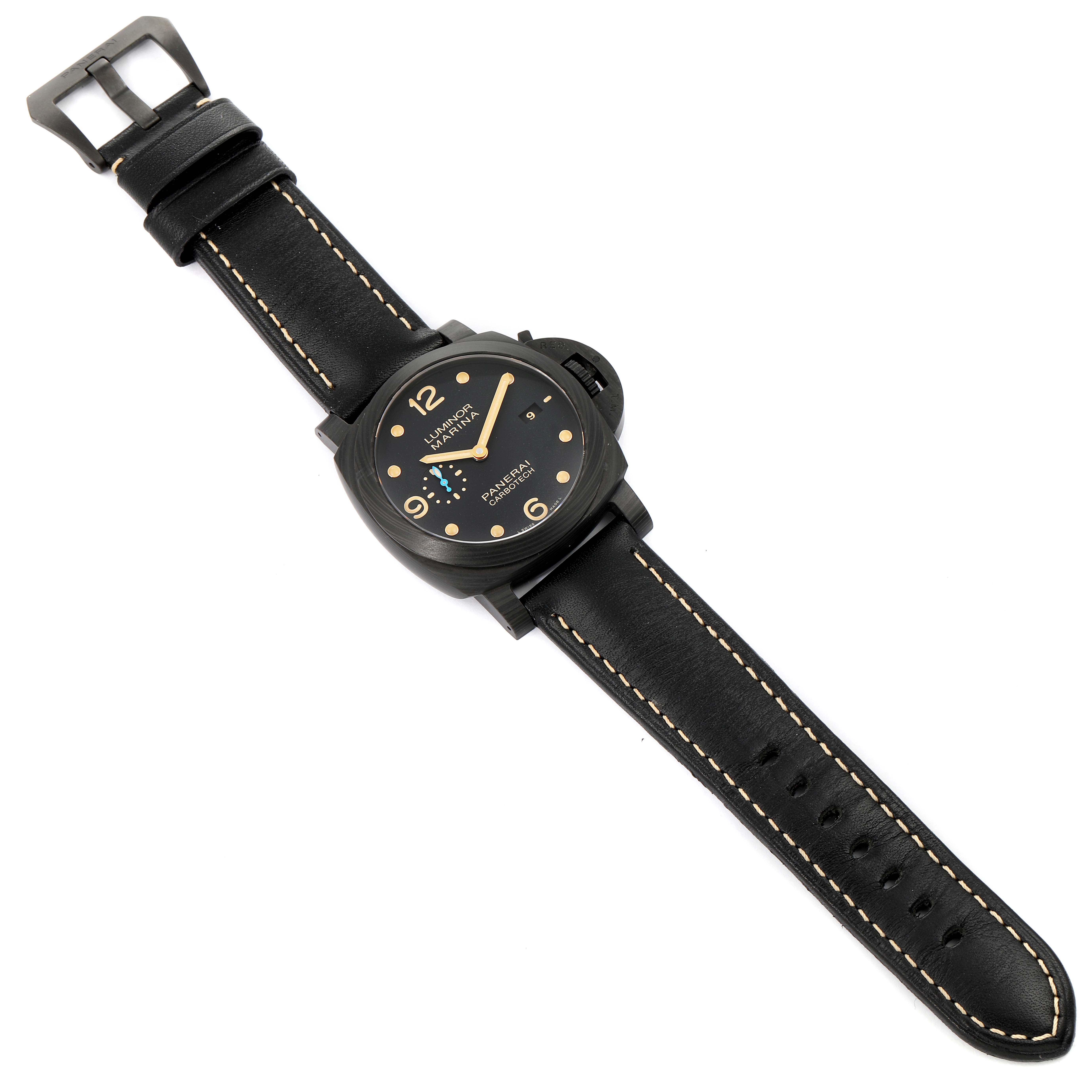 This image shows a top view of a Panerai Luminor PAM00661 Men's Titanium Black Dial PAM00661 Men's Titanium Black Dial watch, highlighting its black dial, bezel, case, and leather strap.