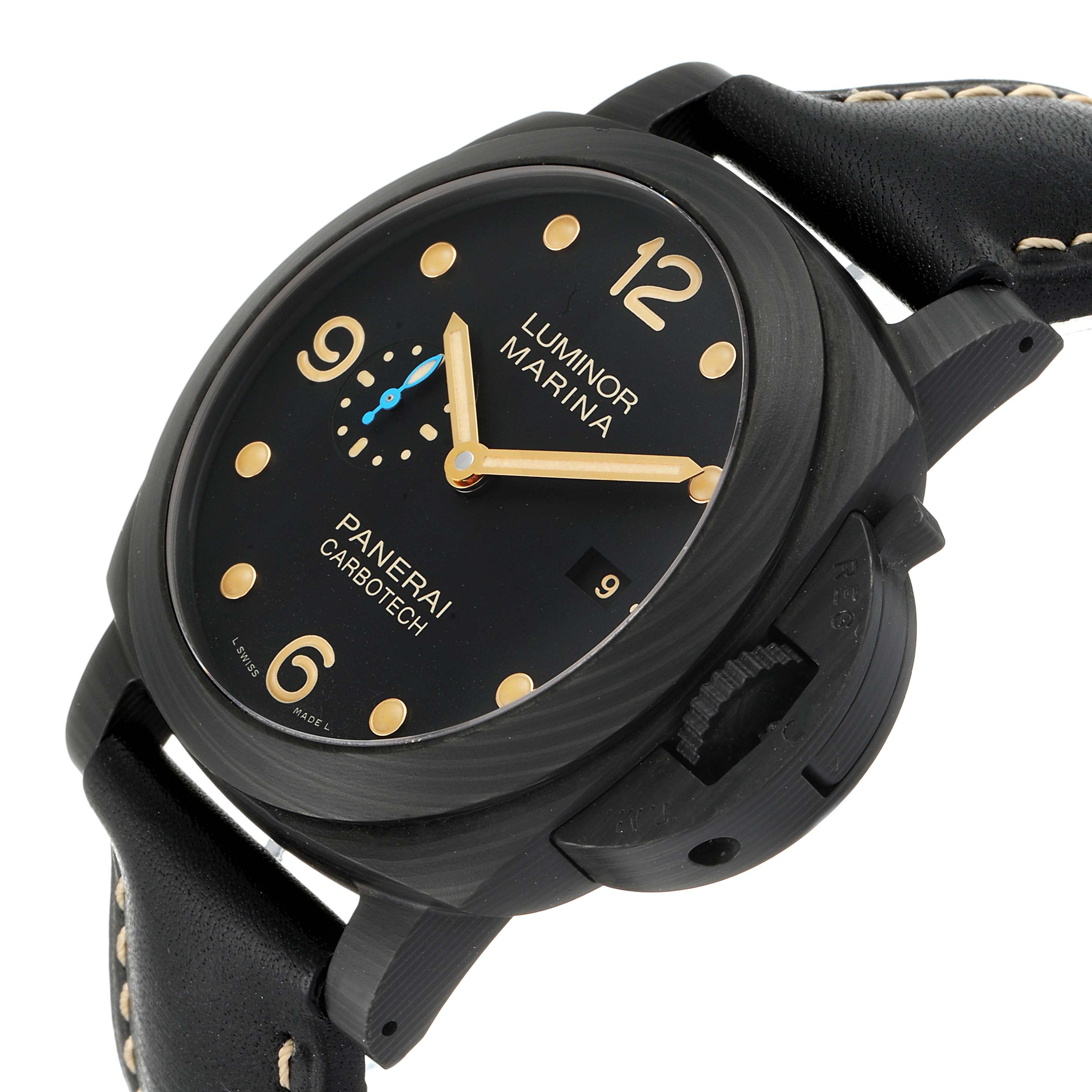 The Panerai Luminor PAM00661 Men's Titanium Black Dial PAM00661 Men's Titanium Black Dial watch is shown from a front-left angle, highlighting its black dial, gold-tone numerals, hands, and crown guard.