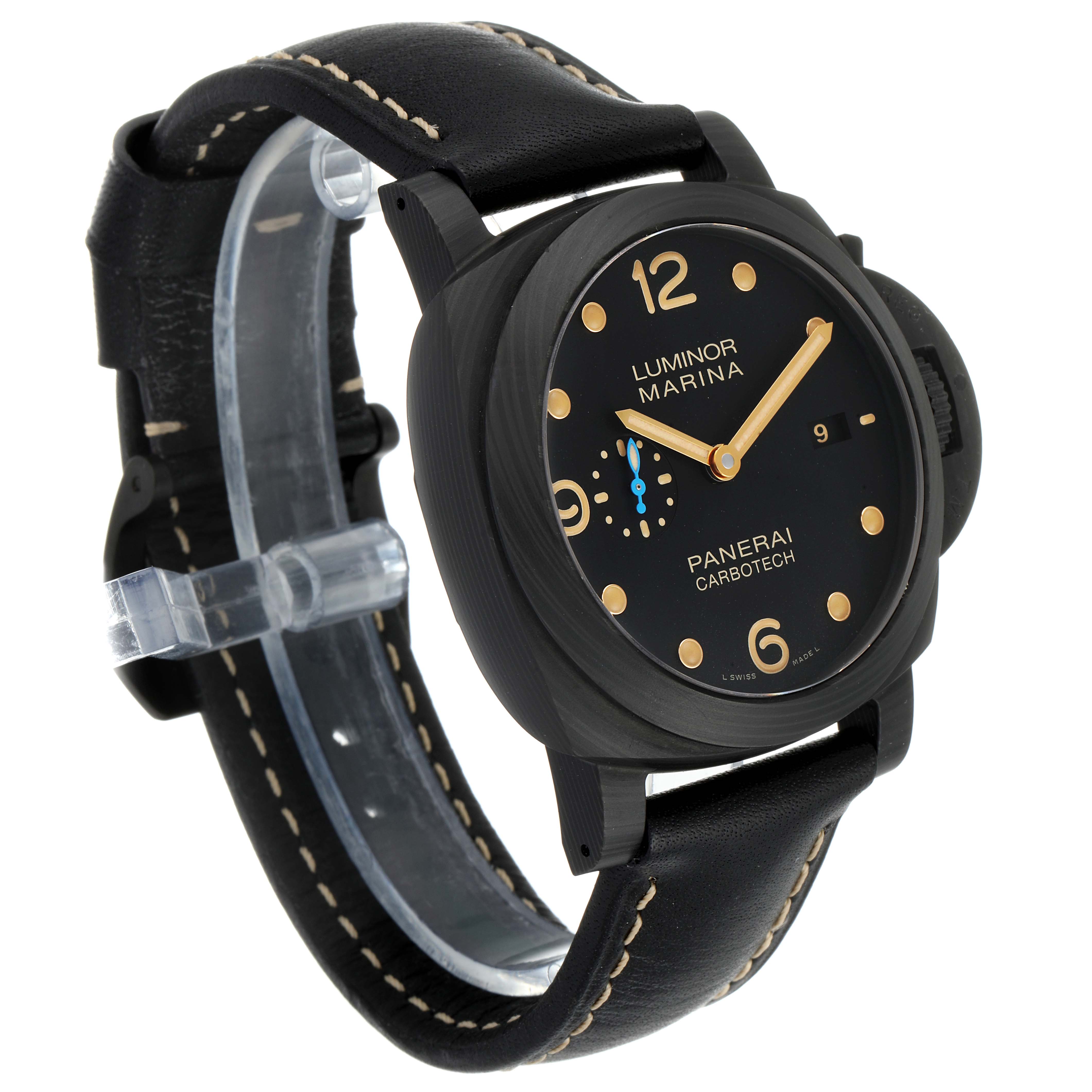 The image shows a Panerai Luminor PAM00661 Men's Titanium Black Dial PAM00661 Men's Titanium Black Dial watch with a black CarboTech case, black dial, leather strap, and viewed from an angled side perspective.