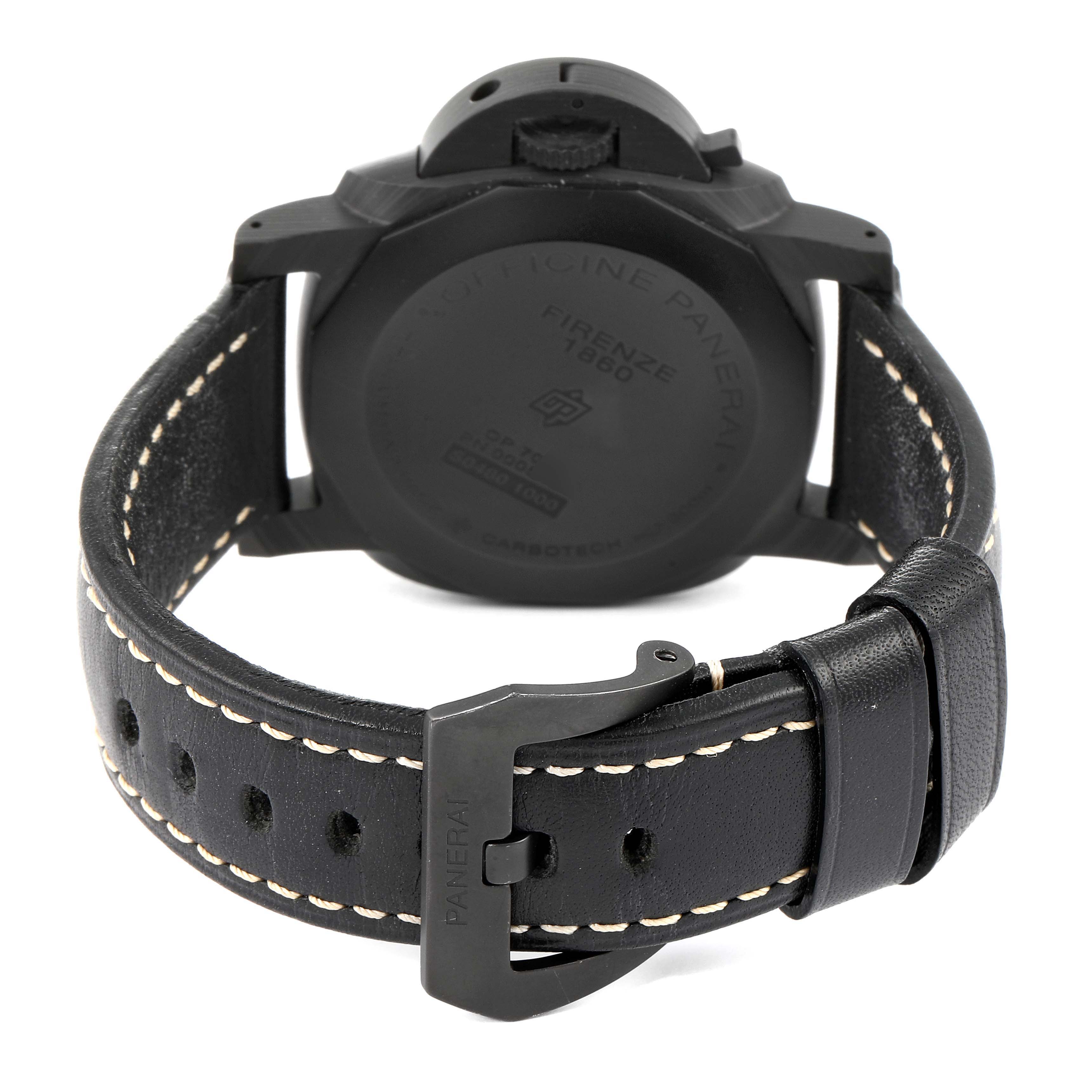 The image shows the back of a Panerai Luminor PAM00661 Men's Titanium Black Dial PAM00661 Men's Titanium Black Dial watch, focusing on the case back and the stitched leather strap with a buckle.