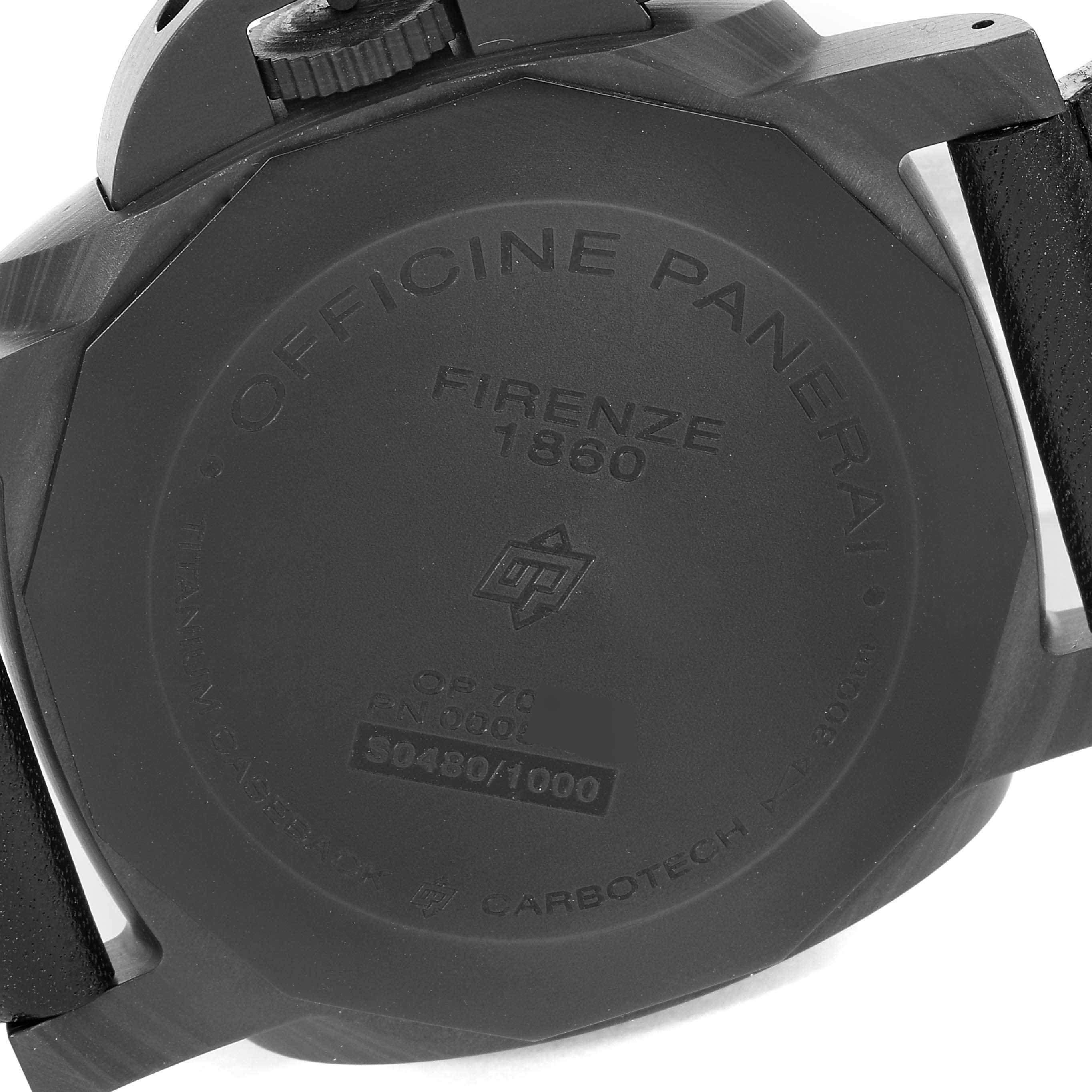 This image shows the backside of the Panerai Luminor PAM00661 Men's Titanium Black Dial PAM00661 Men's Titanium Black Dial watch, including the case back and strap attachments.