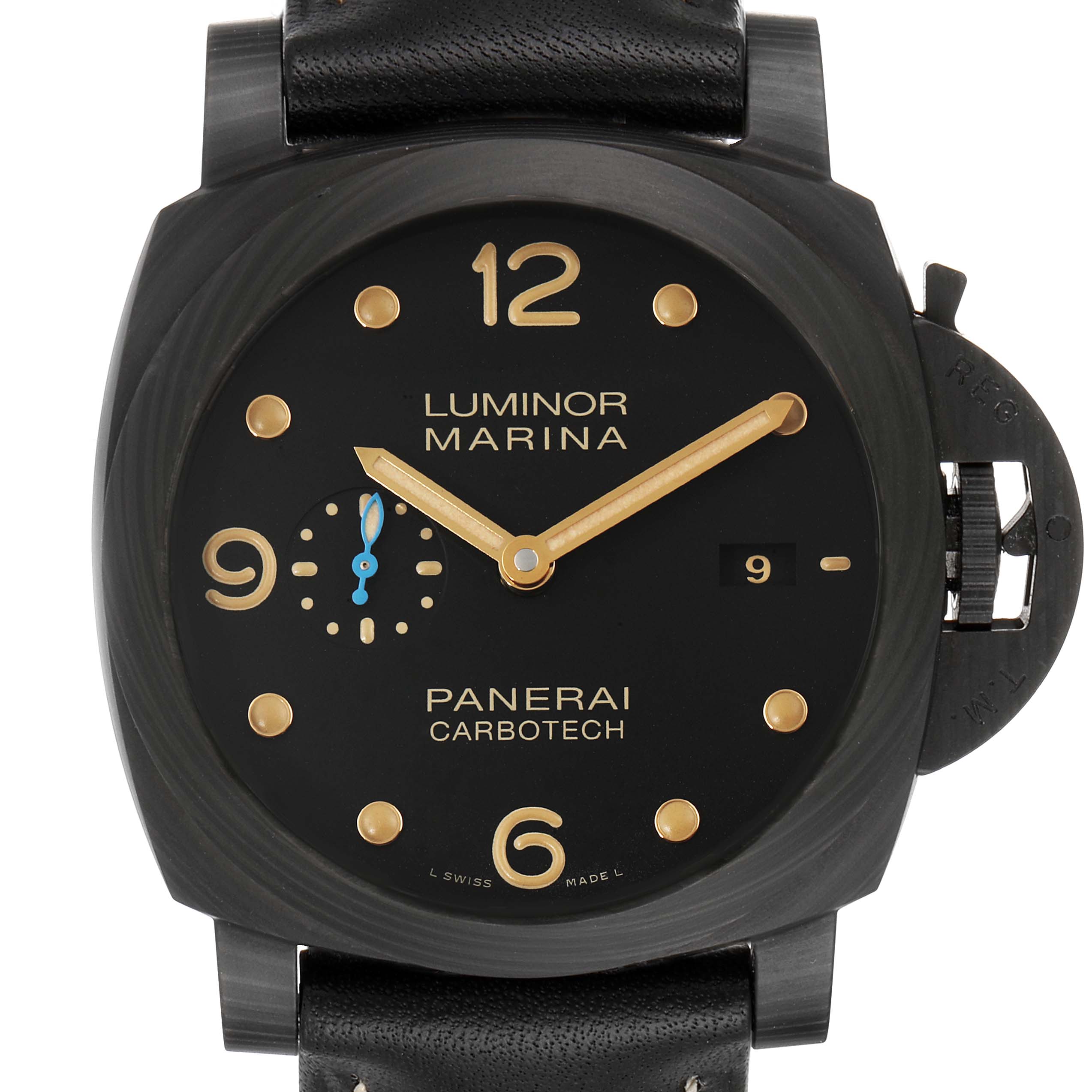 The image shows a front view of a Panerai Luminor PAM00661 Men's Titanium Black Dial PAM00661 Men's Titanium Black Dial Marina watch, displaying the face, hands, and crown guard.
