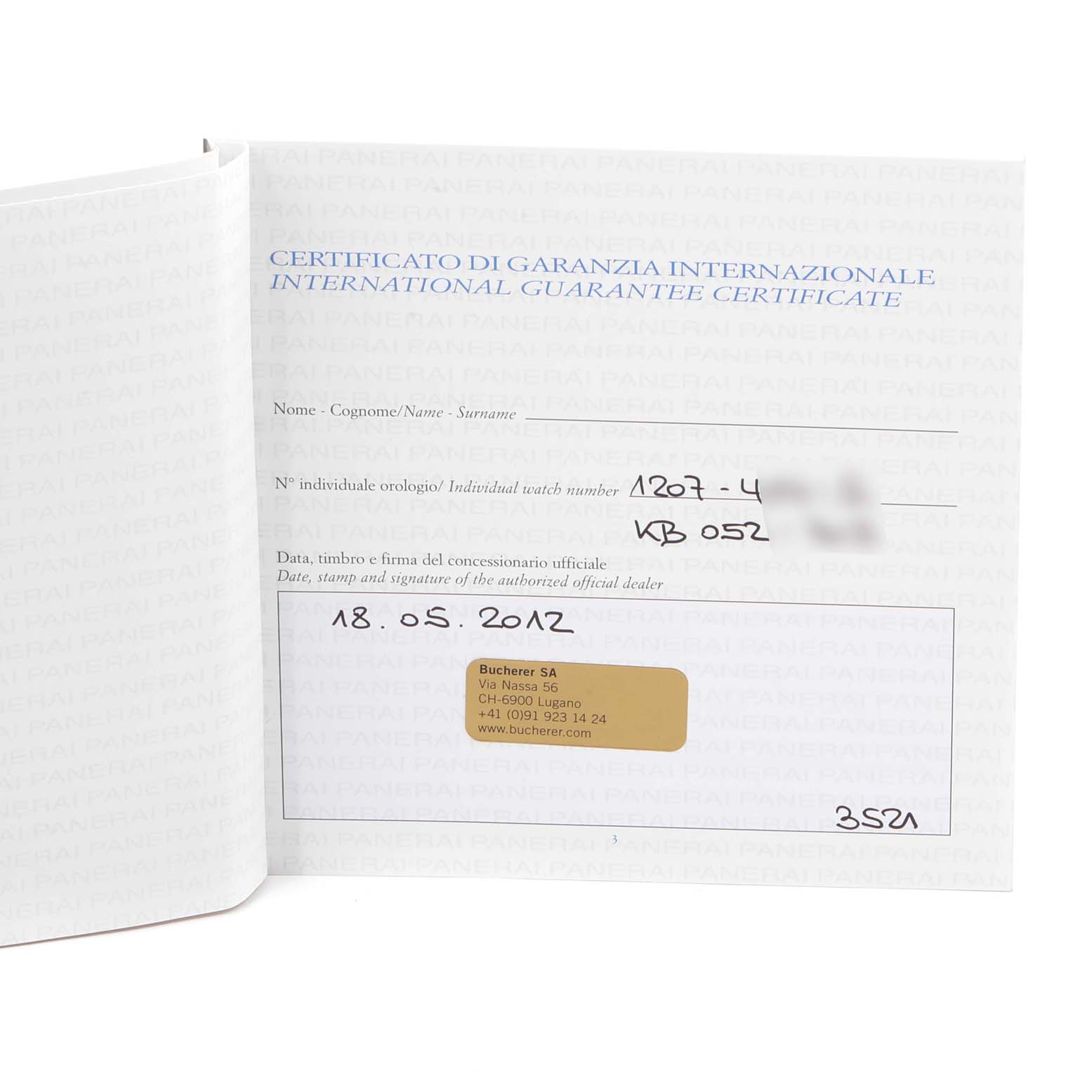 This image shows the international guarantee certificate for a Panerai Luminor PAM00359 Men's Stainless Steel Black Dial PAM00359 Men's Stainless Steel Black Dial watch.