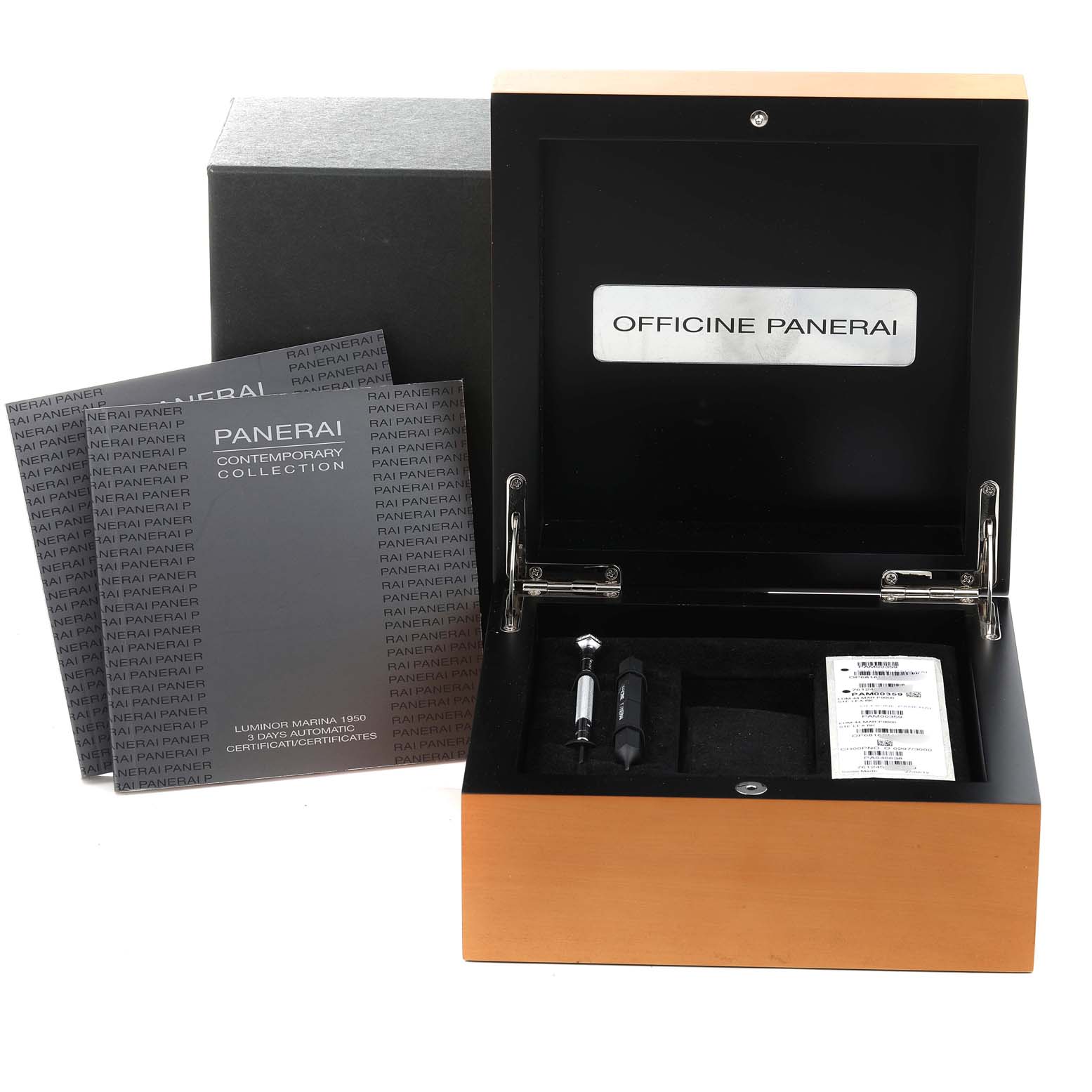 The image shows the open box and accessories of the Panerai Luminor PAM00359 Men's Stainless Steel Black Dial PAM00359 Men's Stainless Steel Black Dial watch, including booklets, labels, and tools.