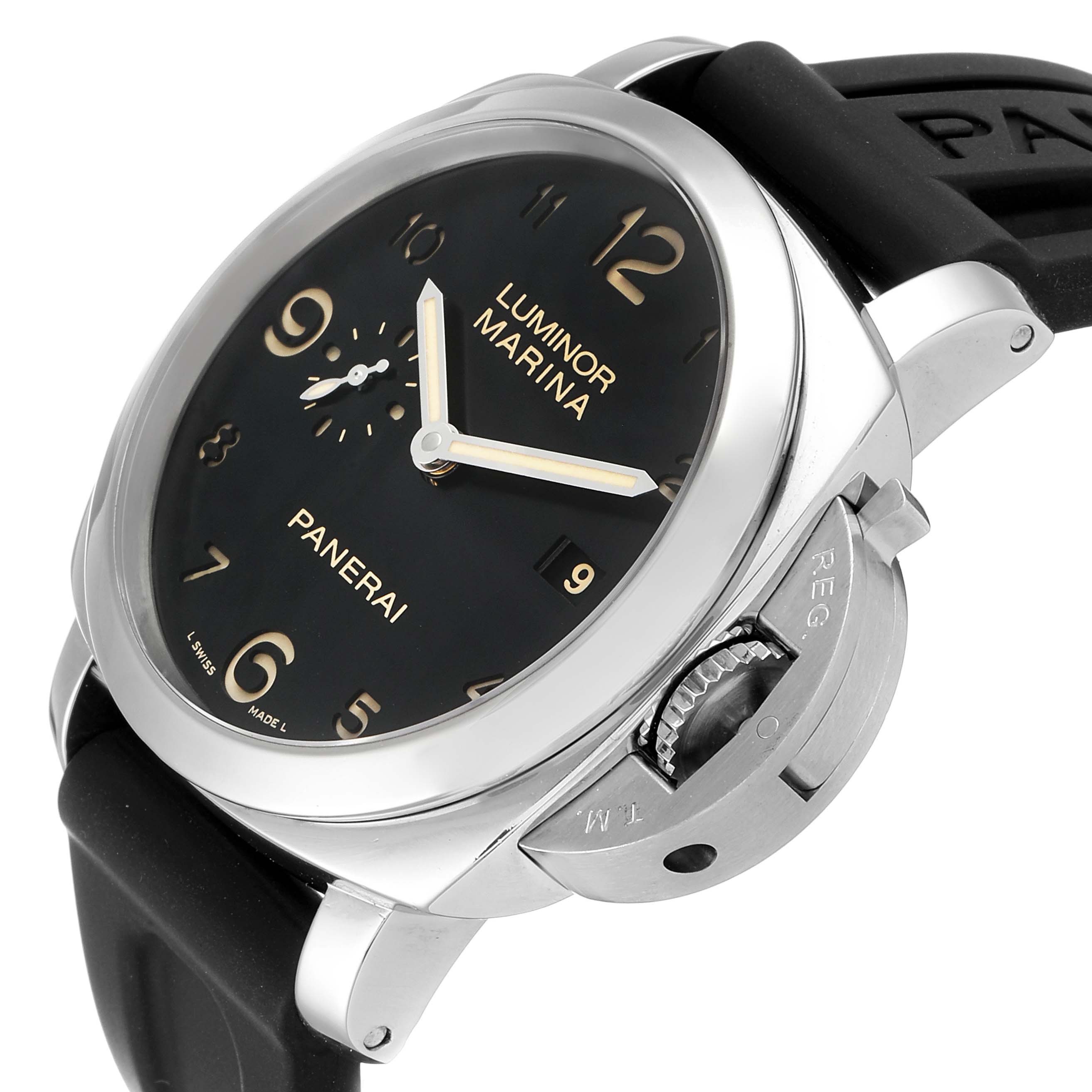 The Panerai Luminor PAM00359 Men's Stainless Steel Black Dial PAM00359 Men's Stainless Steel Black Dial watch is shown from a front-right angle, displaying the face, crown guard, and part of the black strap.